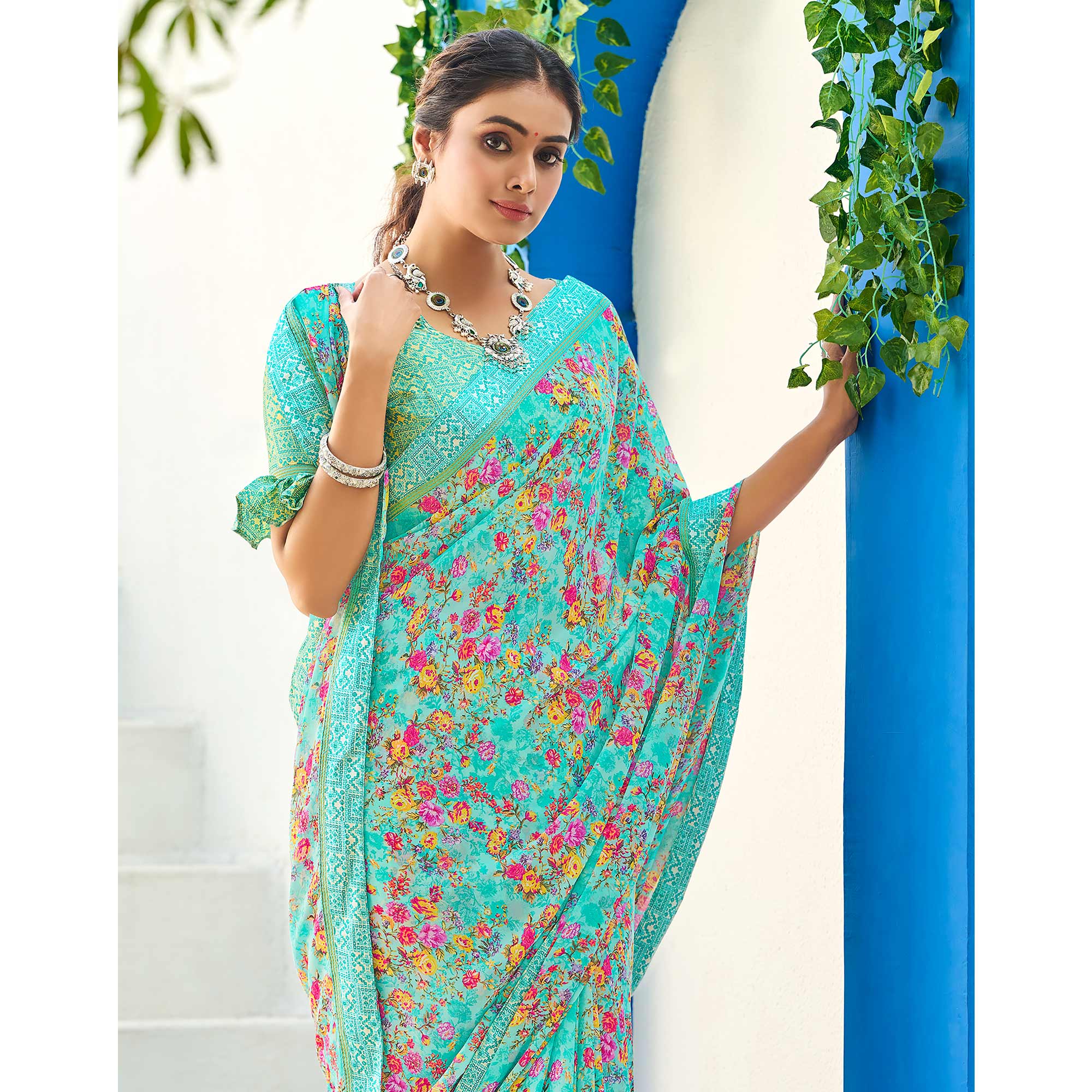 Blue Floral Printed Georgette Saree