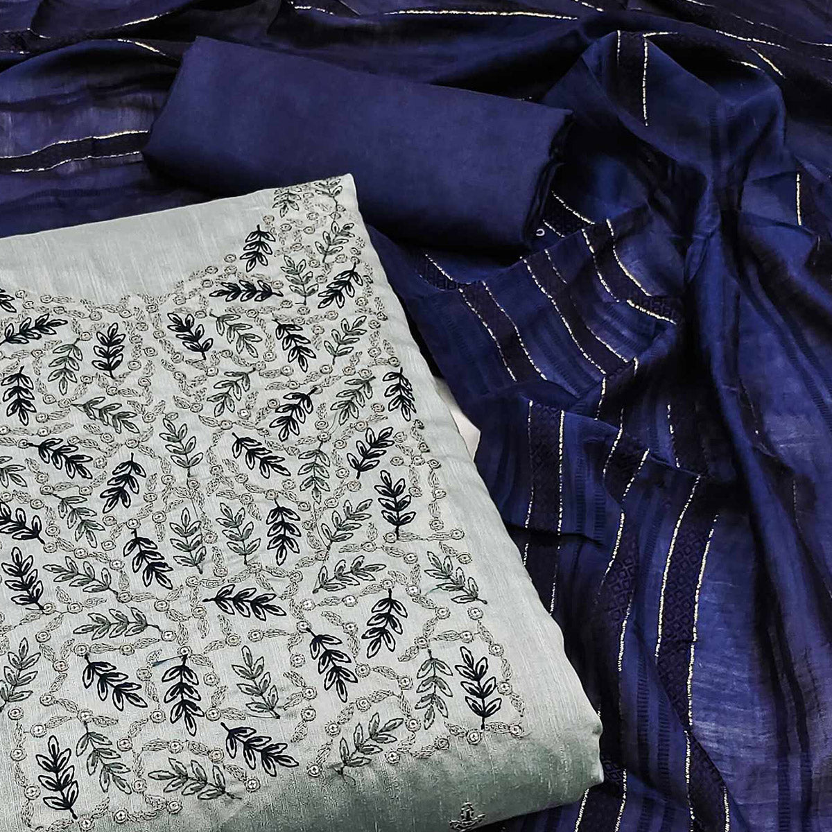 Grey Floral Embroidered Cotton Silk Dress Material