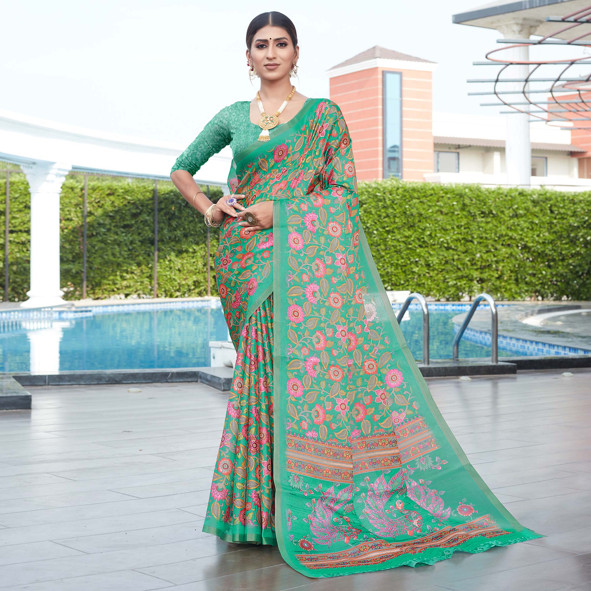 Rama Green Floral Digital Printed Cotton Silk Saree