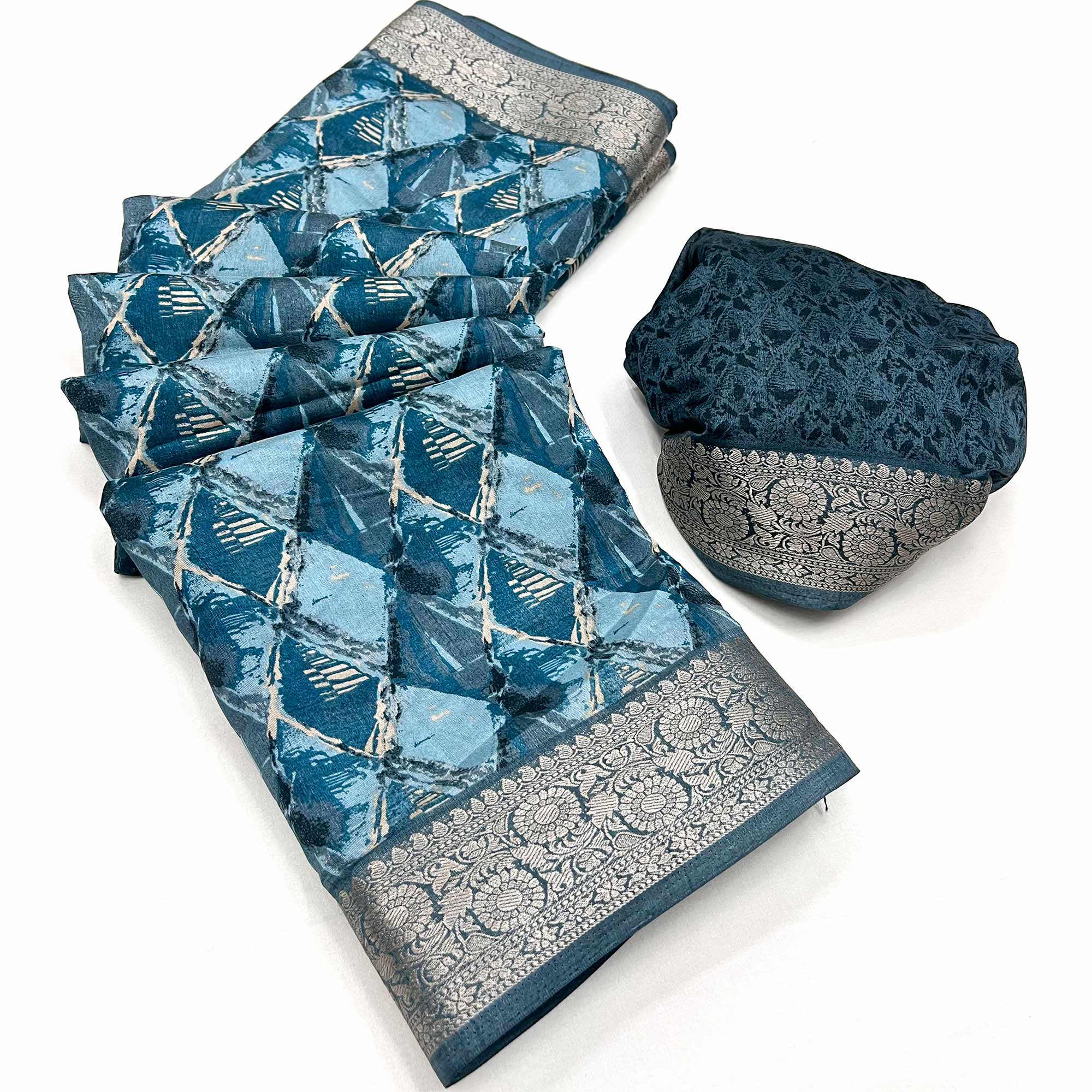 Blue Floral Printed With Woven Dola Silk Saree