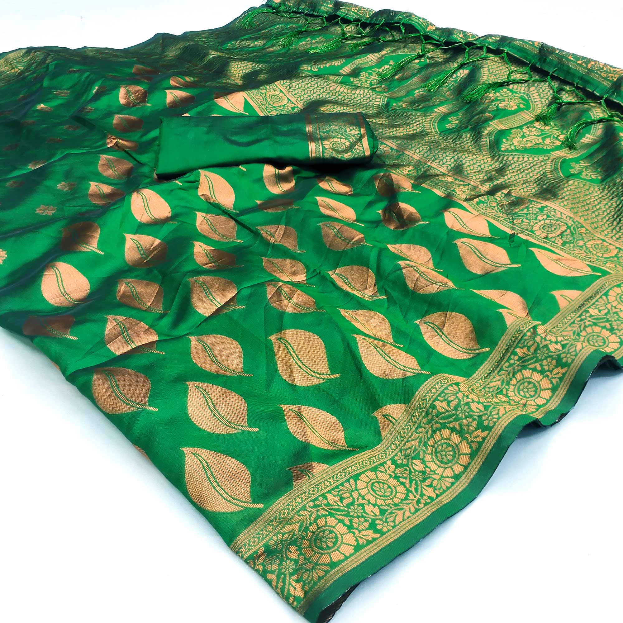Green Woven Art Silk Saree With Tassels