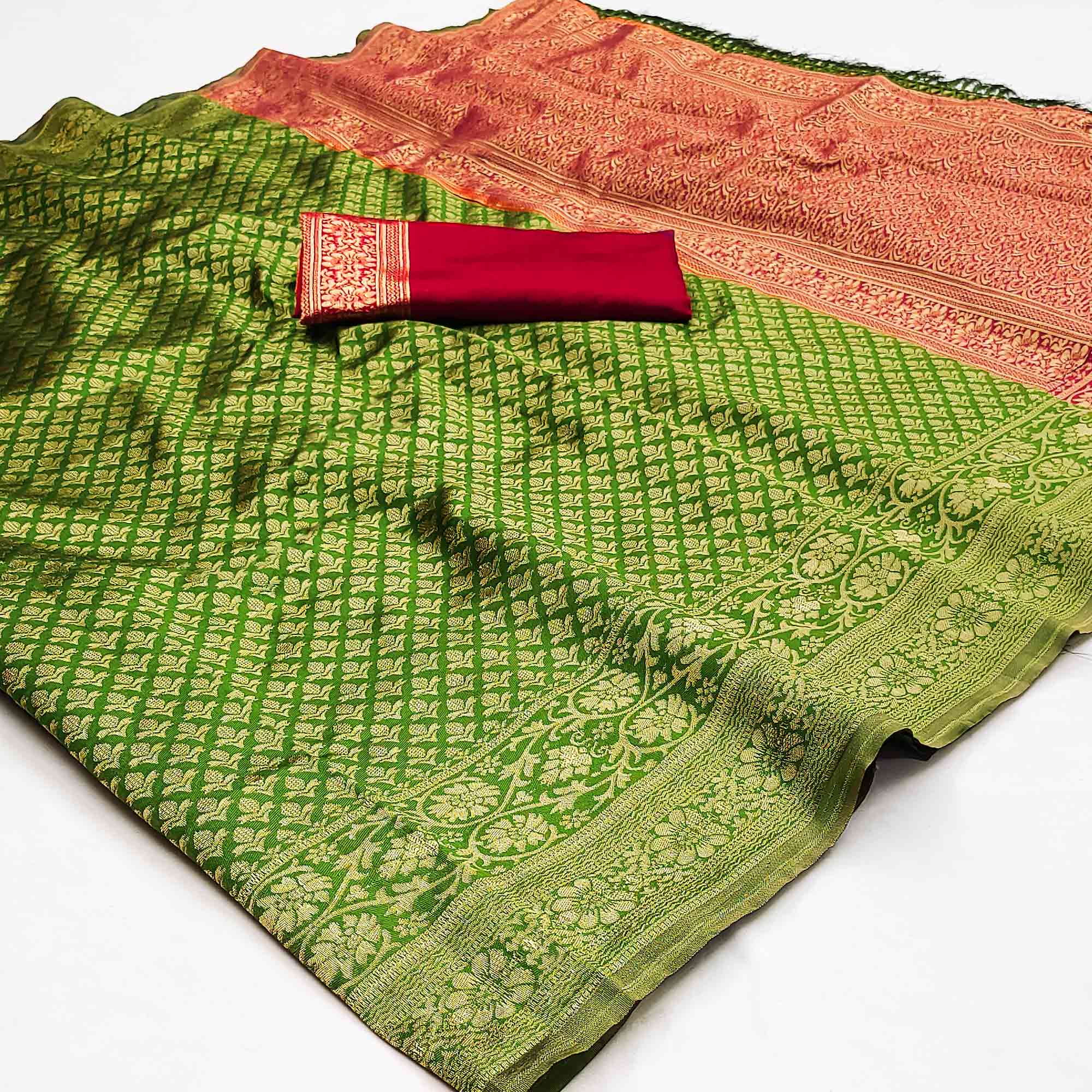 Green Floral Woven Jacquard Saree