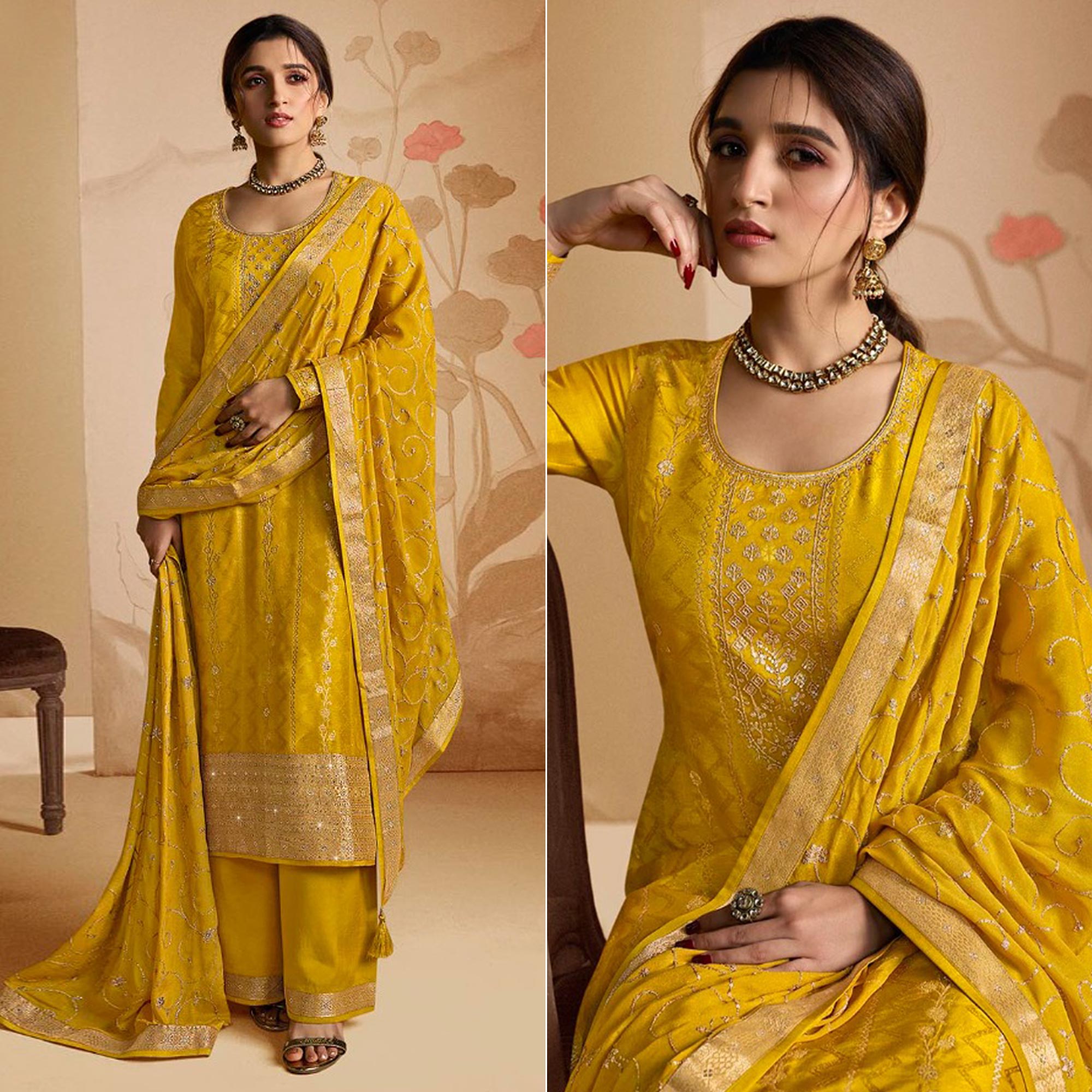 Yellow Woven And Embroidered Dola Silk Palazzo Suit