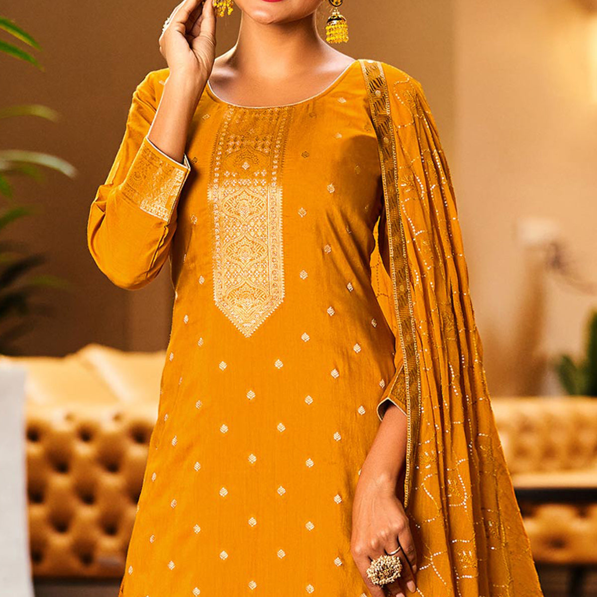 Mustard Woven Muslin Palazzo Suit