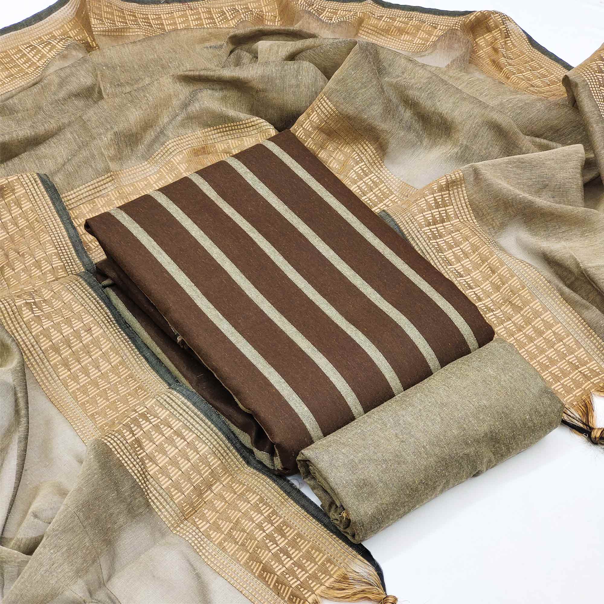 Brown Woven Cotton Blend Dress Material