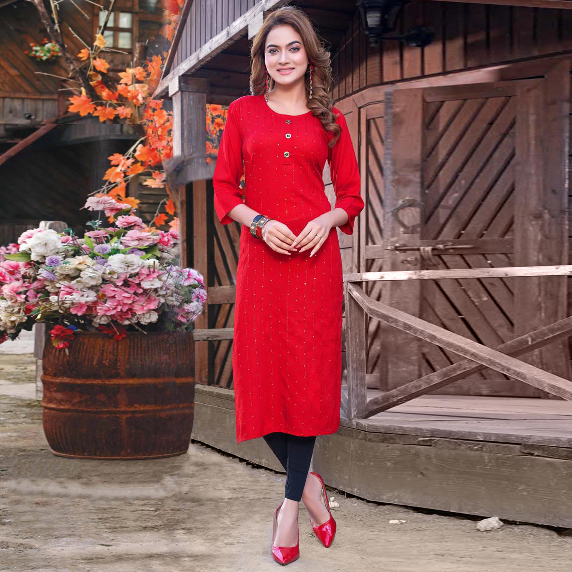 Red Sequins Embroidered Rayon Kurti