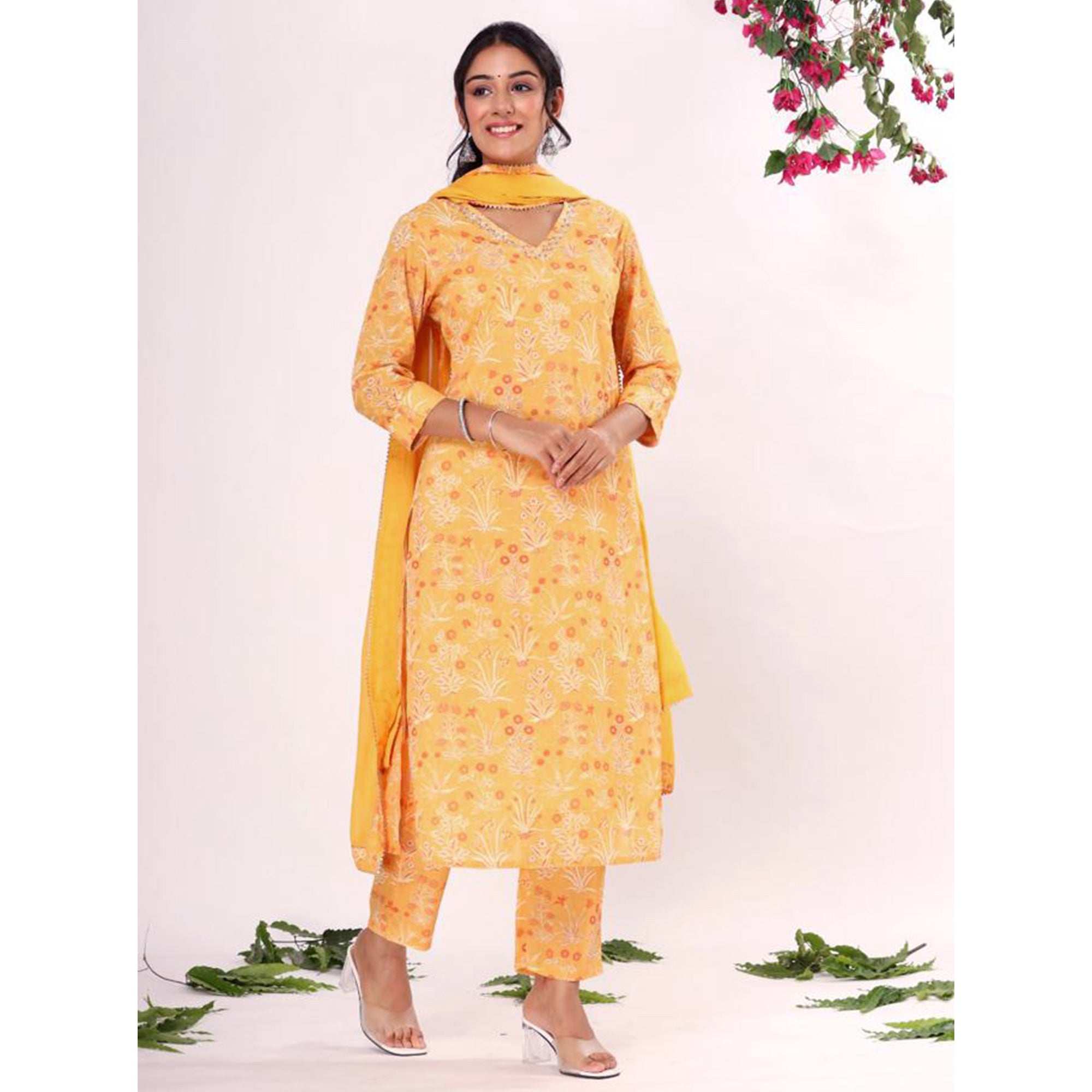 Yellow Floral Printed Pure Cotton Suit