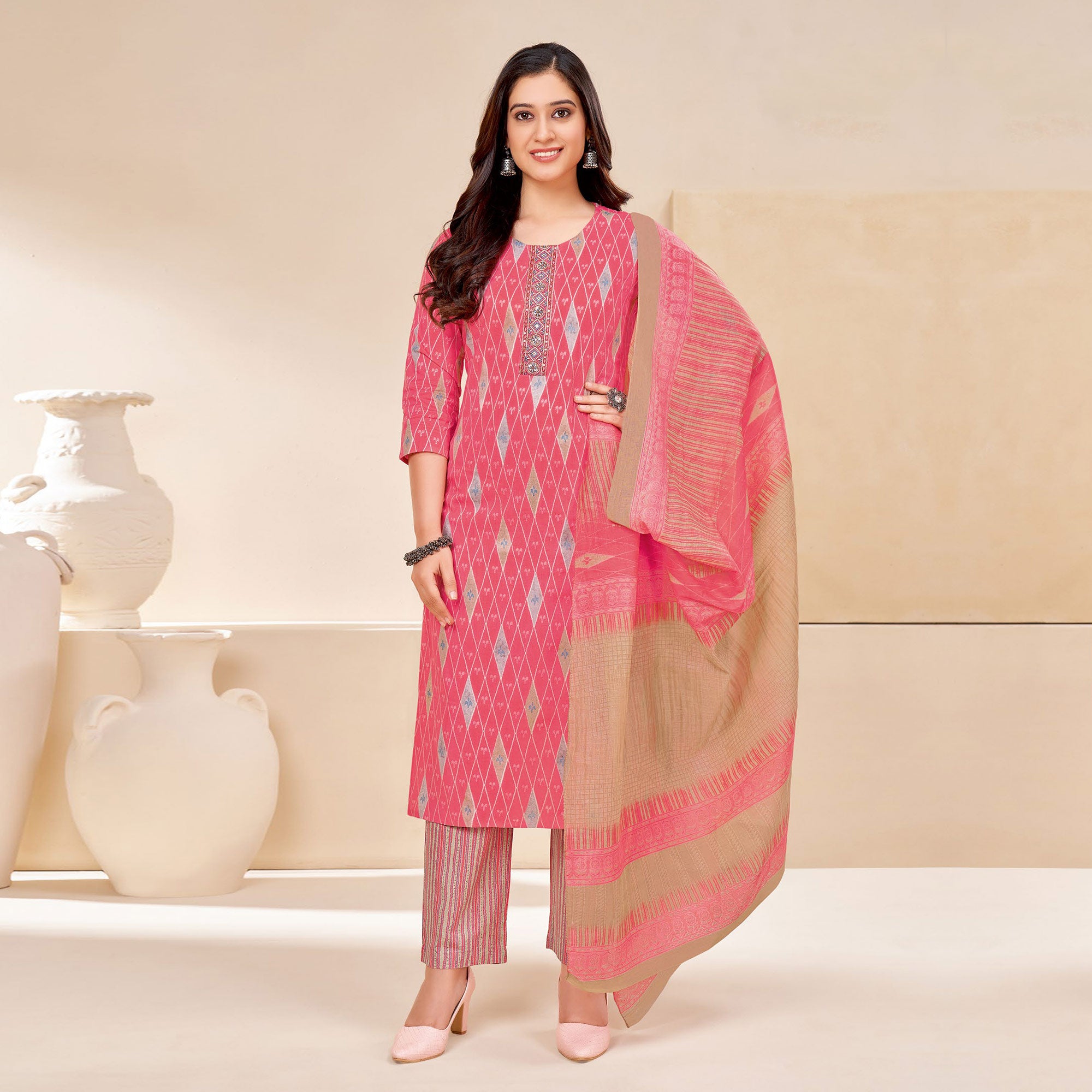 Pink Printed With Tie Embroidered Pure Cotton Suit
