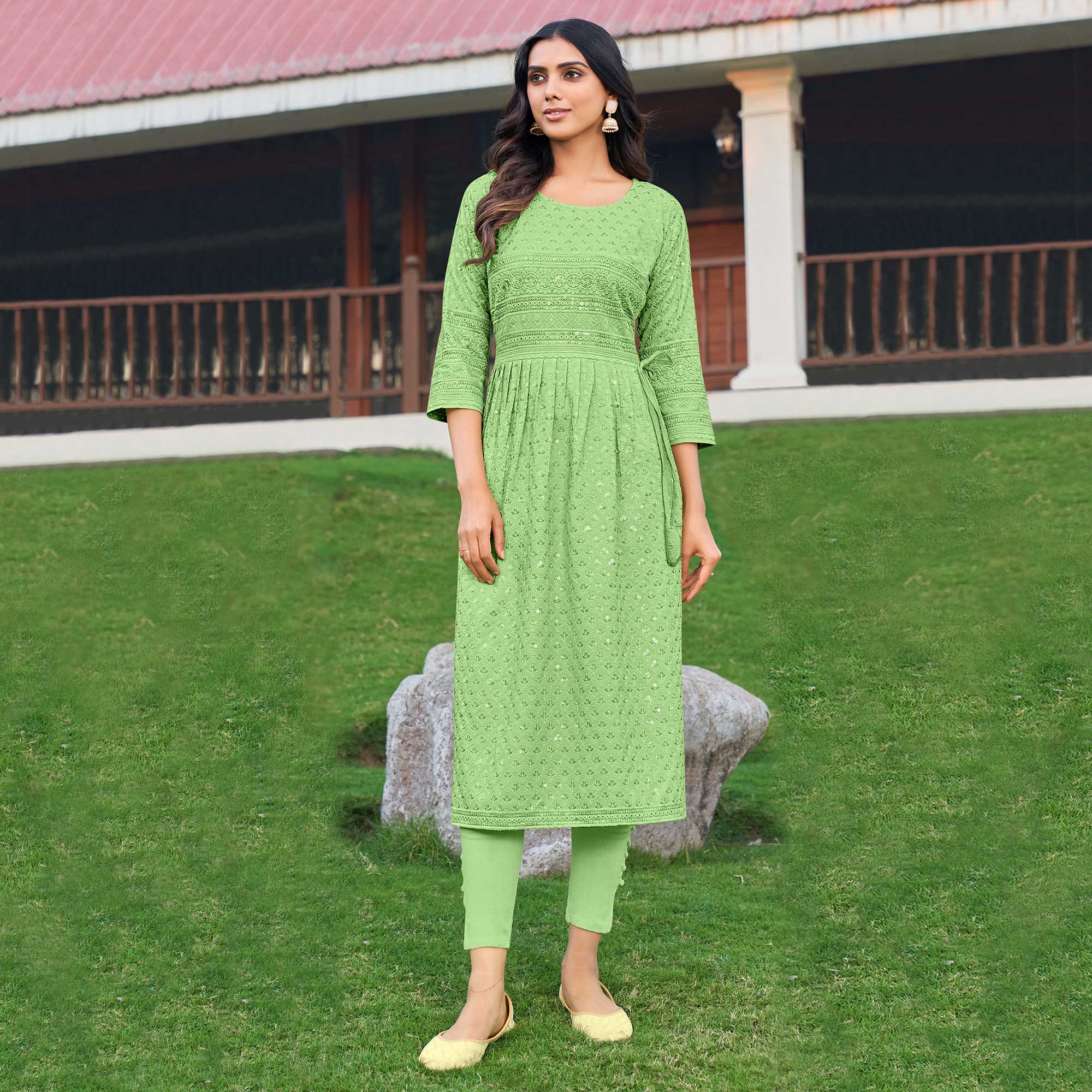 Mint Green Sequins Embroidered Rayon Naira Cut Kurti