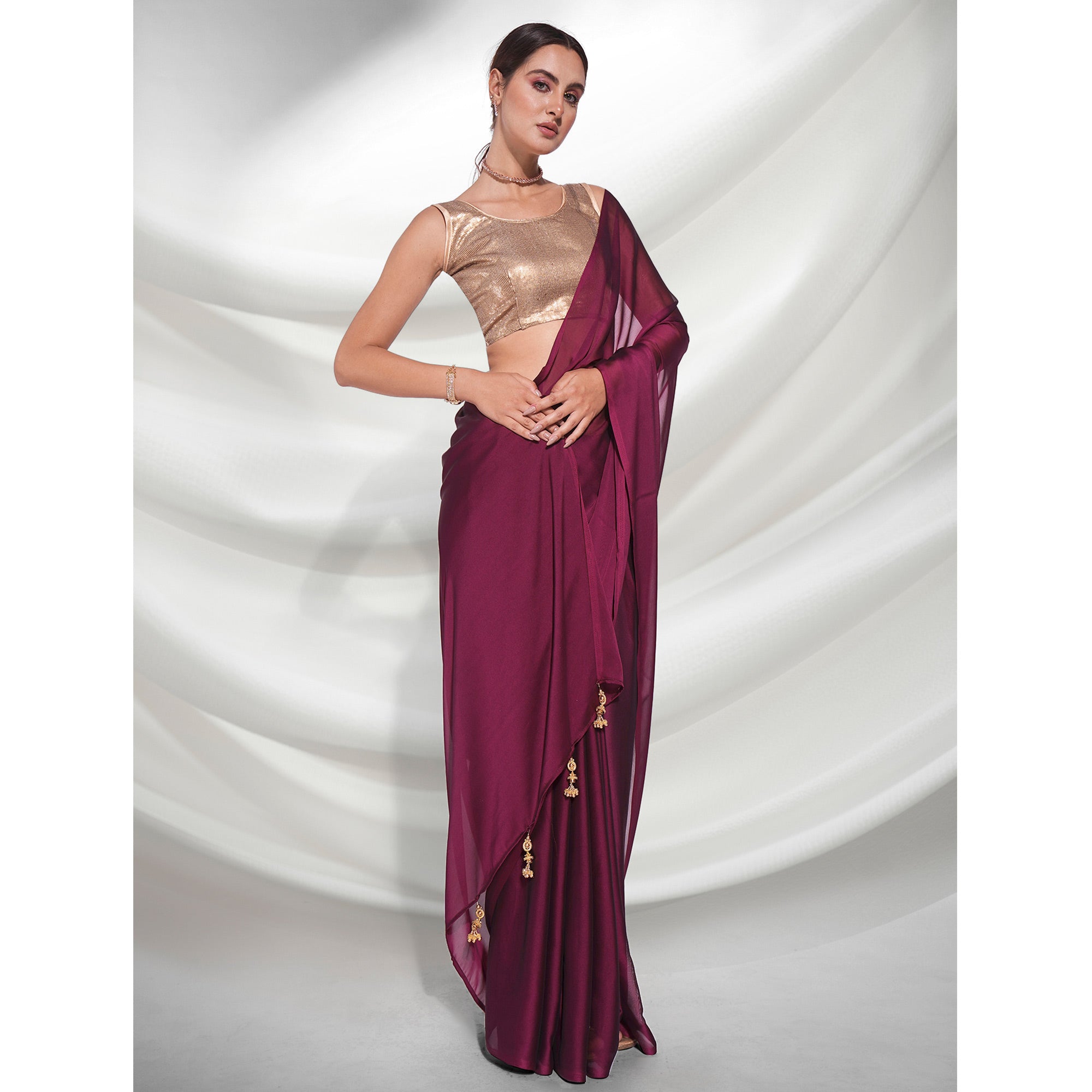 Dark Magenta Purple Solid Georgette Saree