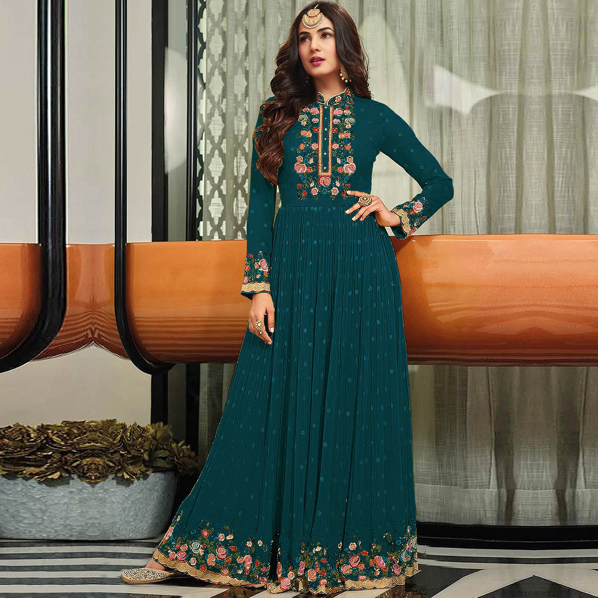 Rama Green Embroidered Georgette Gown