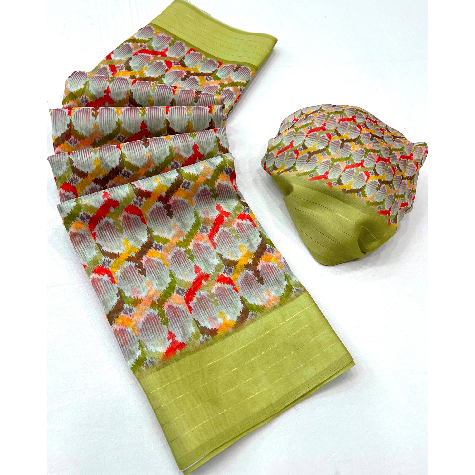 Green Digital Printed Cotton Blend Saree