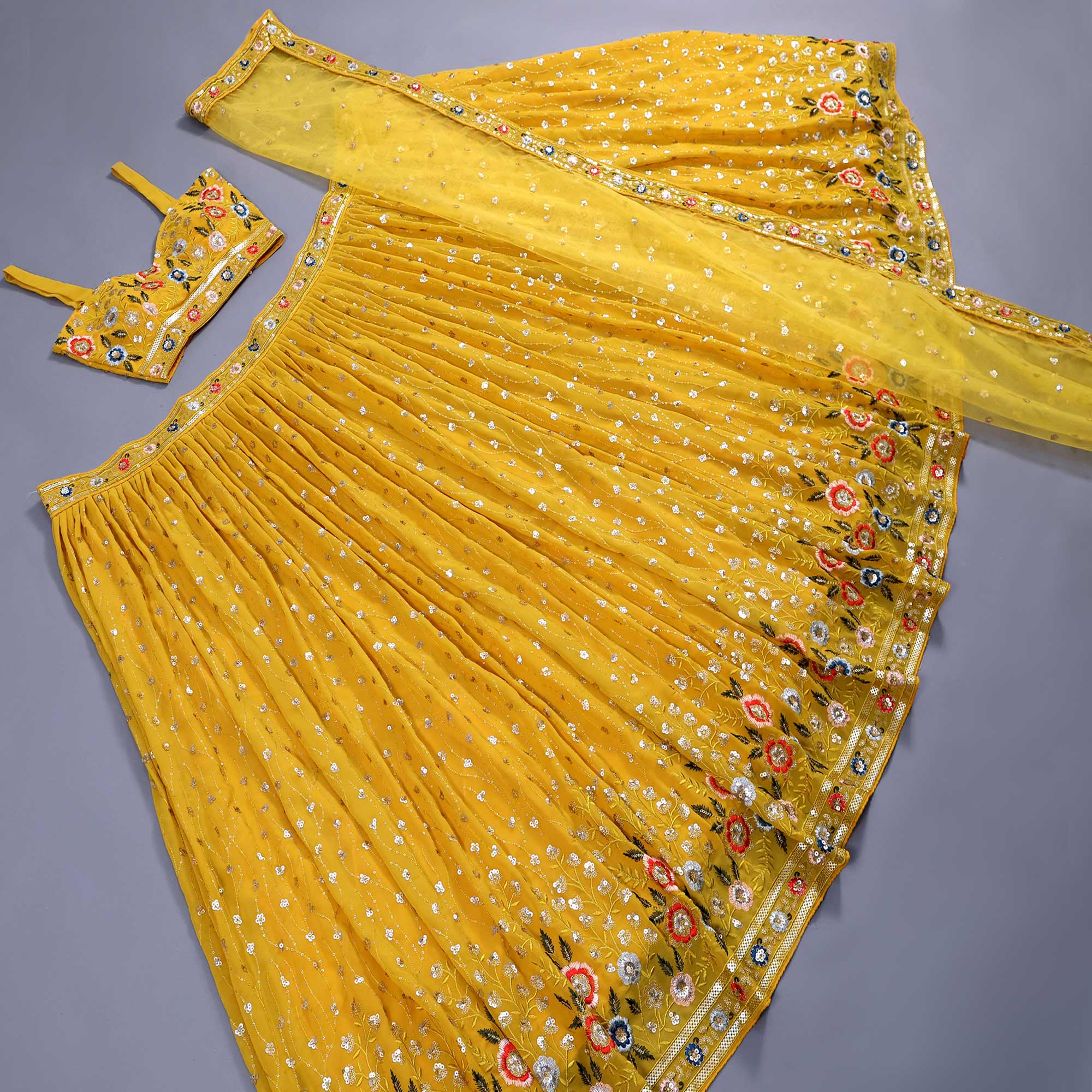 Mustard Sequins Embroidered Georgette Lehenga Choli