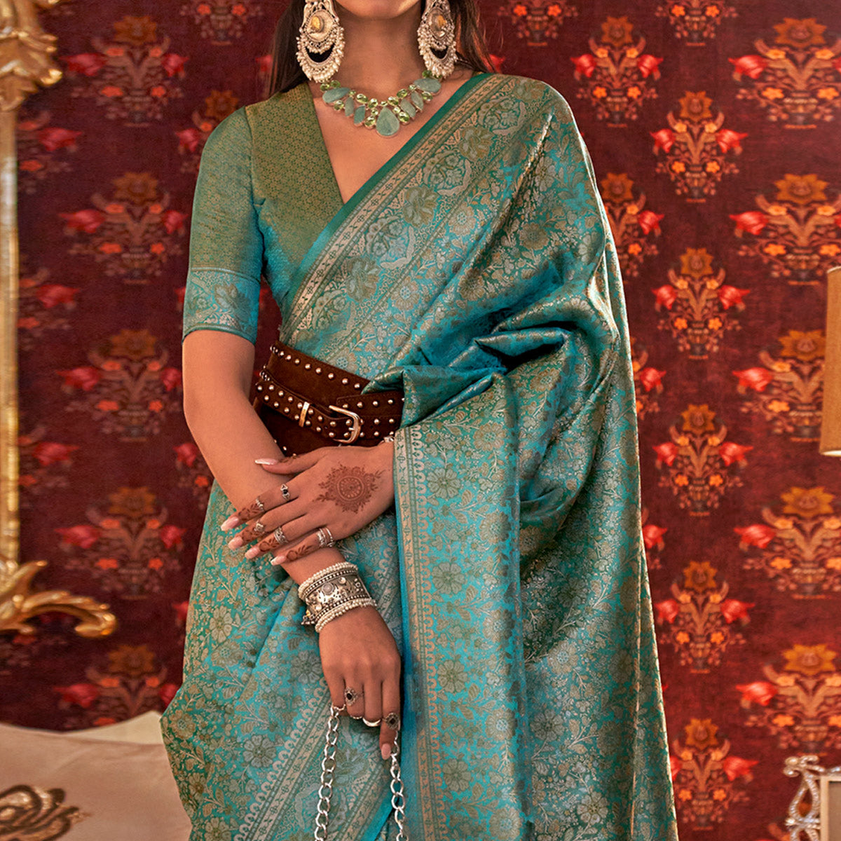 Turquoise Floral Woven Art Silk Saree
