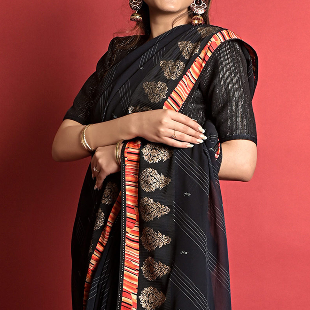 Black Printed Georgette Saree