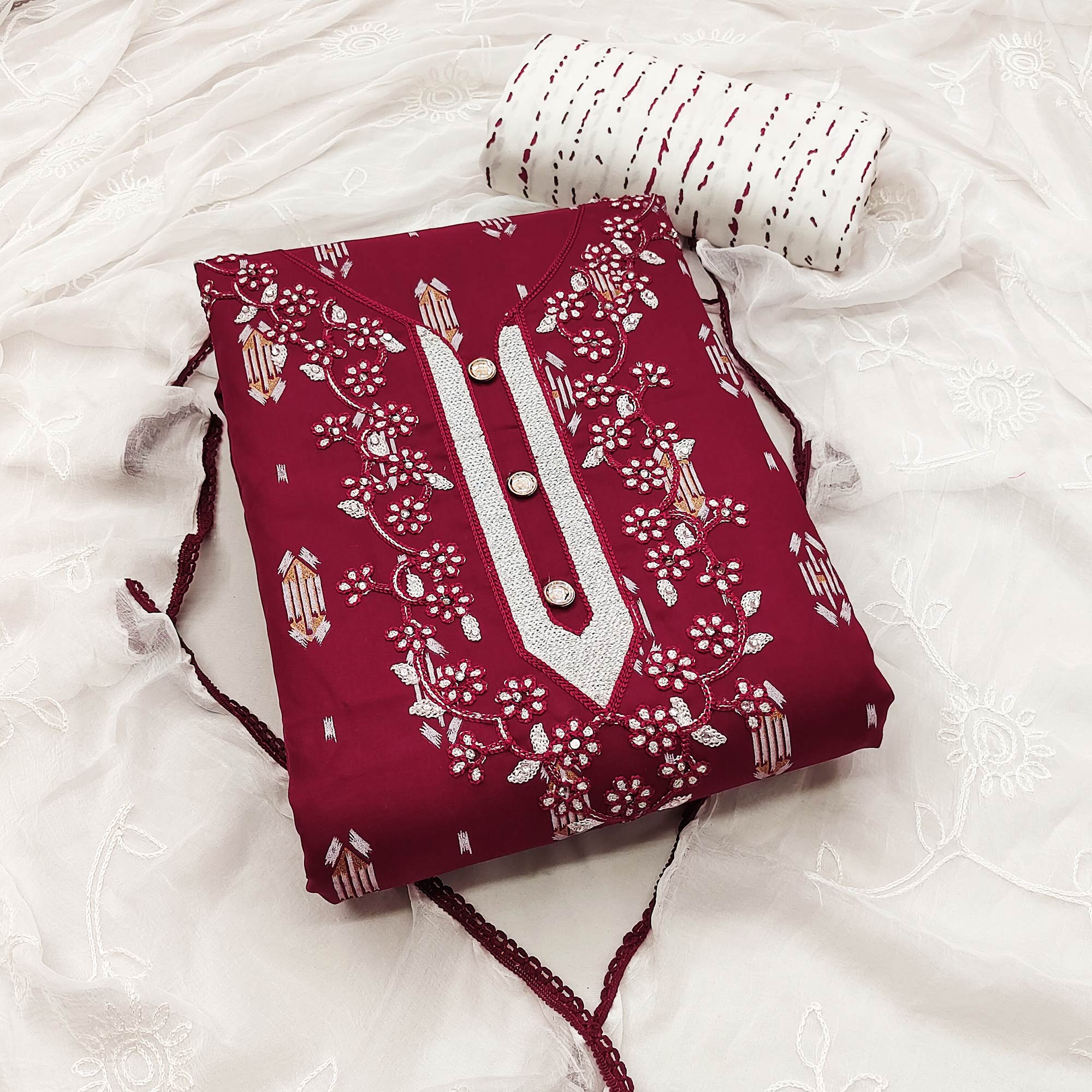 Maroon Printed With Embroidered Rayon Dress Material
