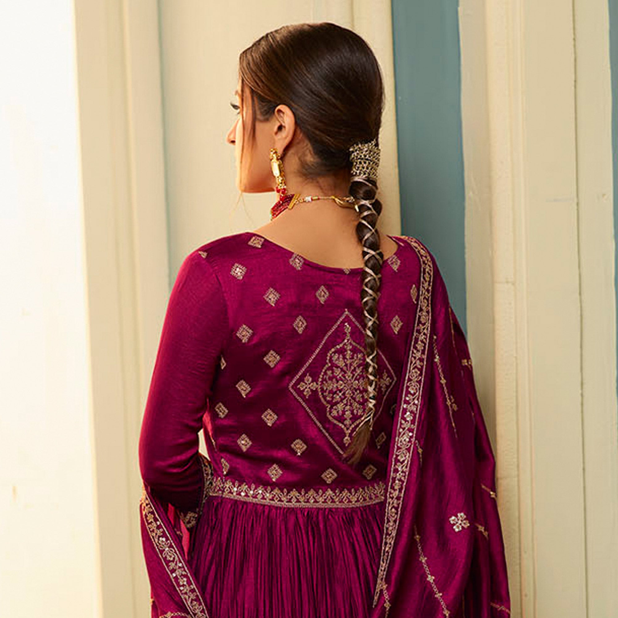 Wine Embroidered Georgette Gown