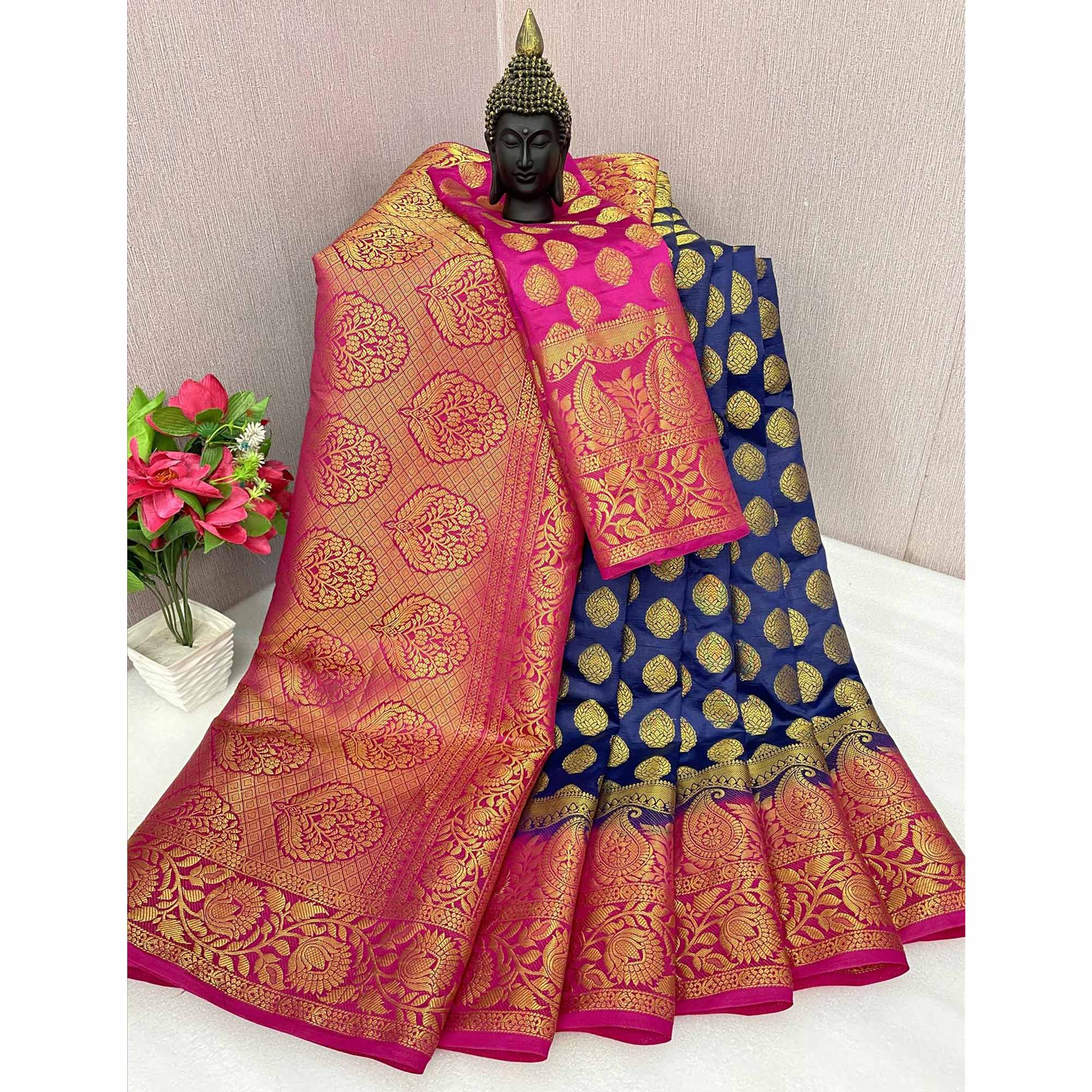 Navy Blue Woven Banarasi Silk Saree