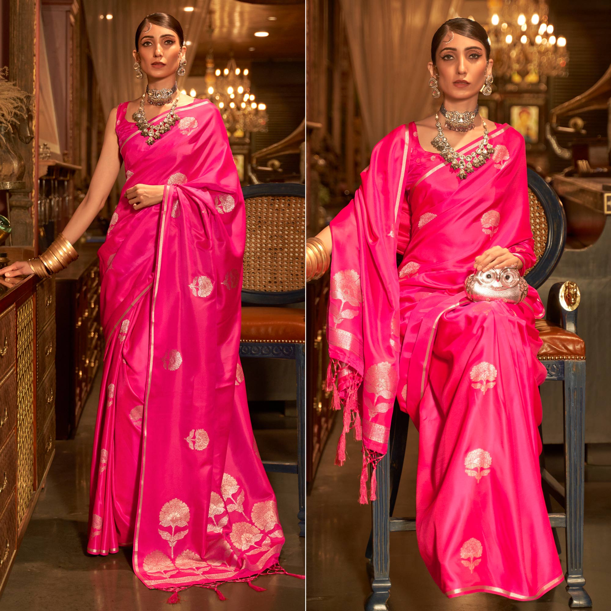 Rose Pink Floral Woven Satin Saree With Tassels