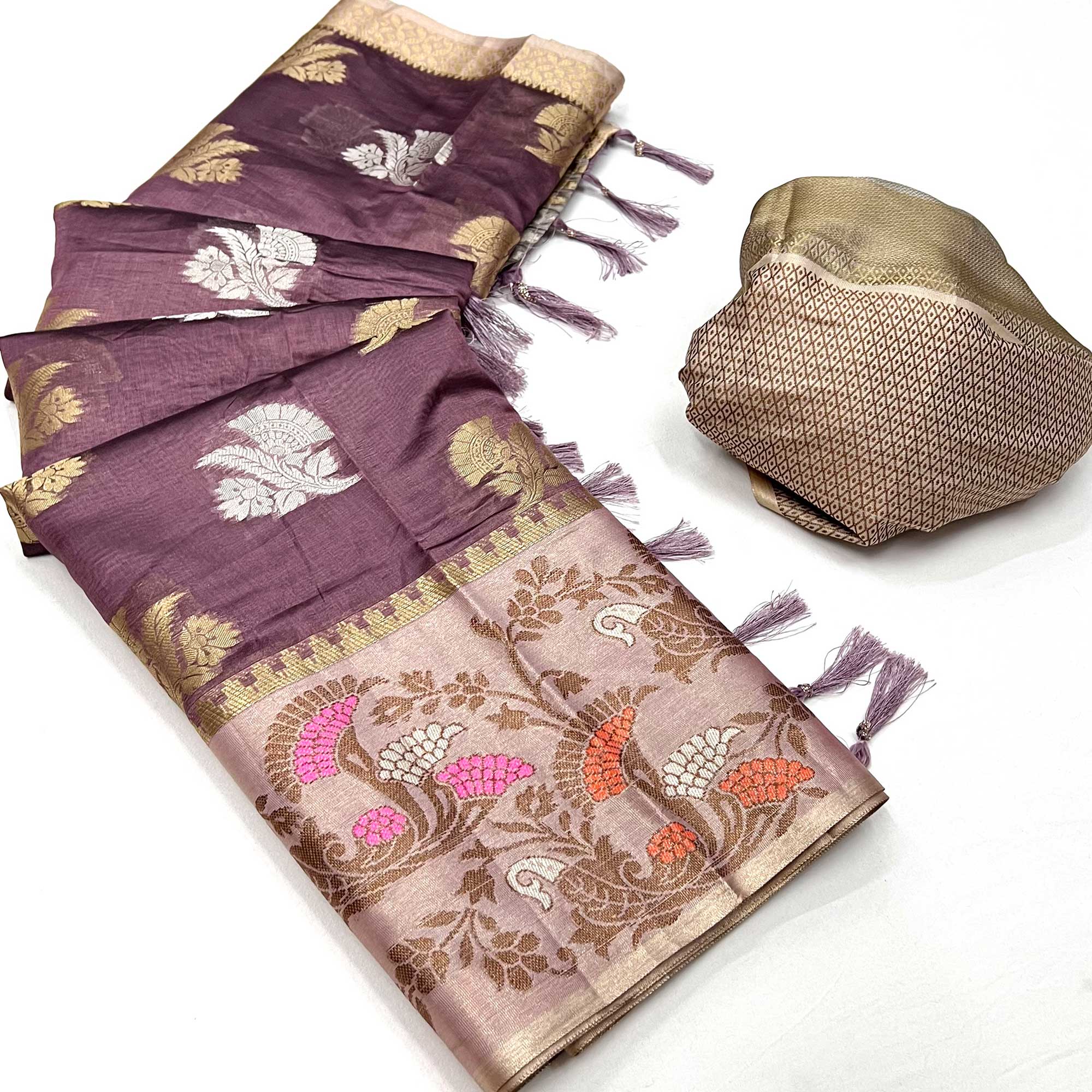 Dark Mauve Floral Woven Organza Saree With Tassels