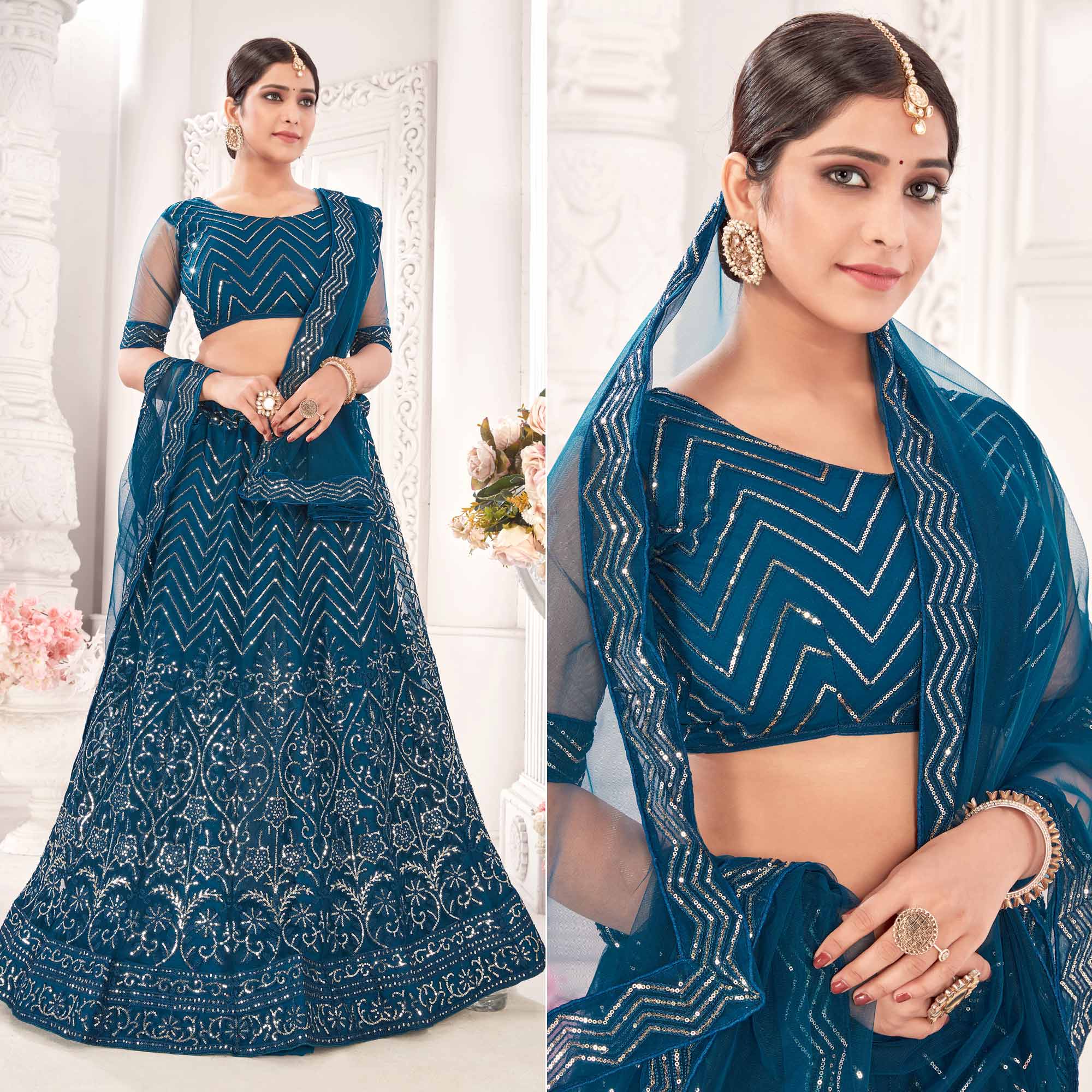 Teal Blue Sequins Embroidered Netted Lehenga Choli