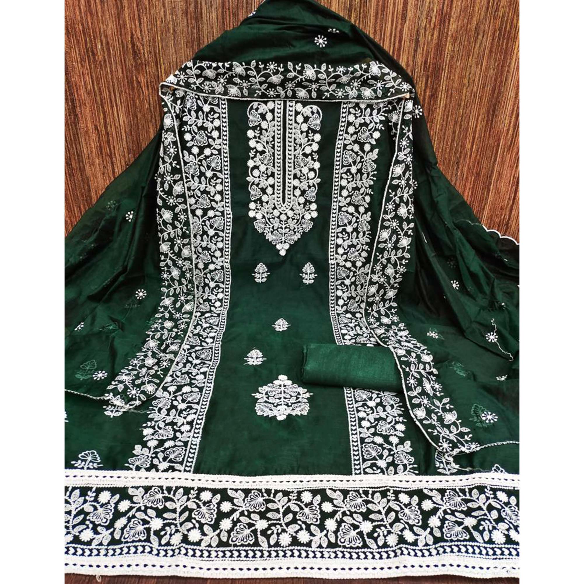 Green Floral Embroidered Chanderi Dress Material