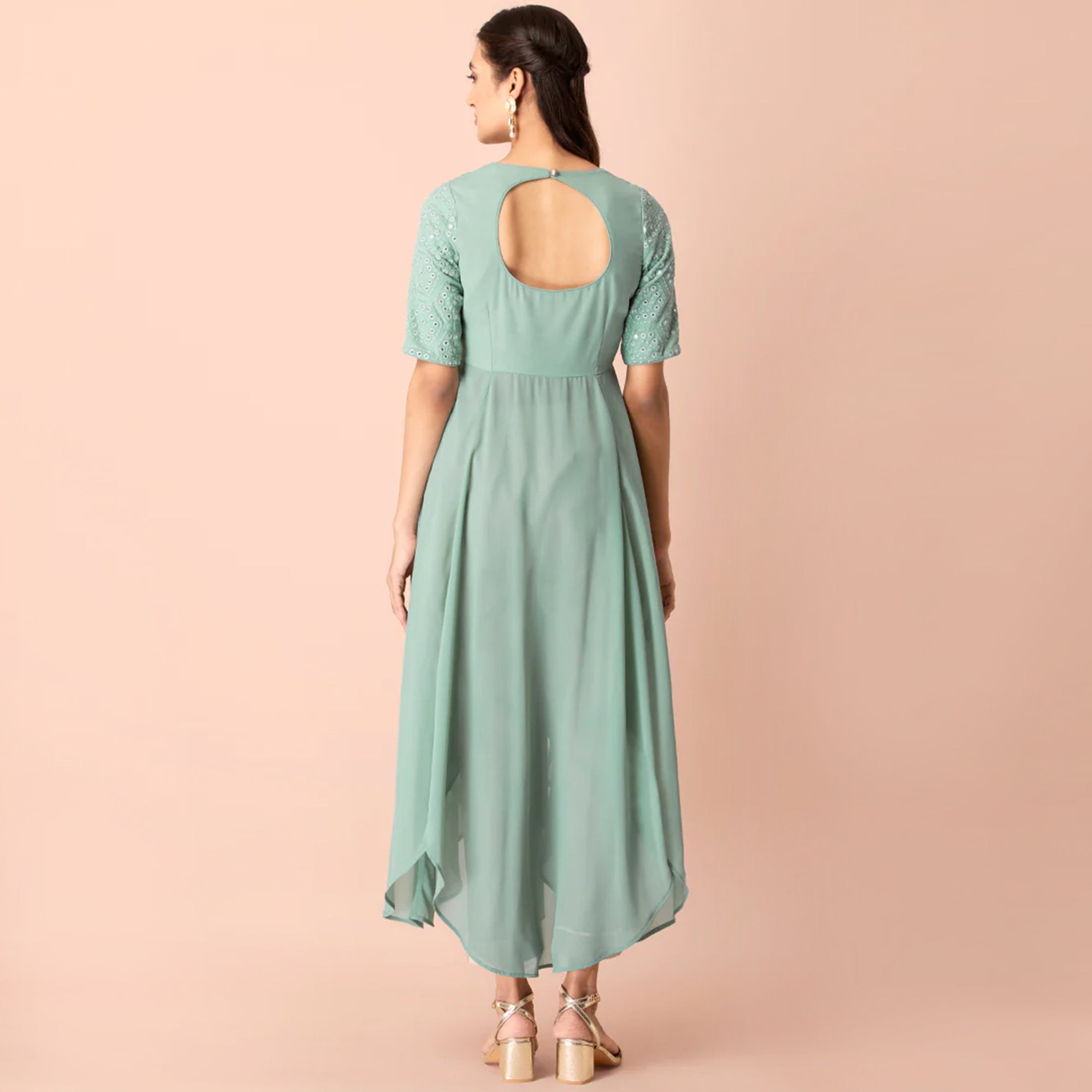 Light Sea Green Mirror Embroidered Georgette Kurti