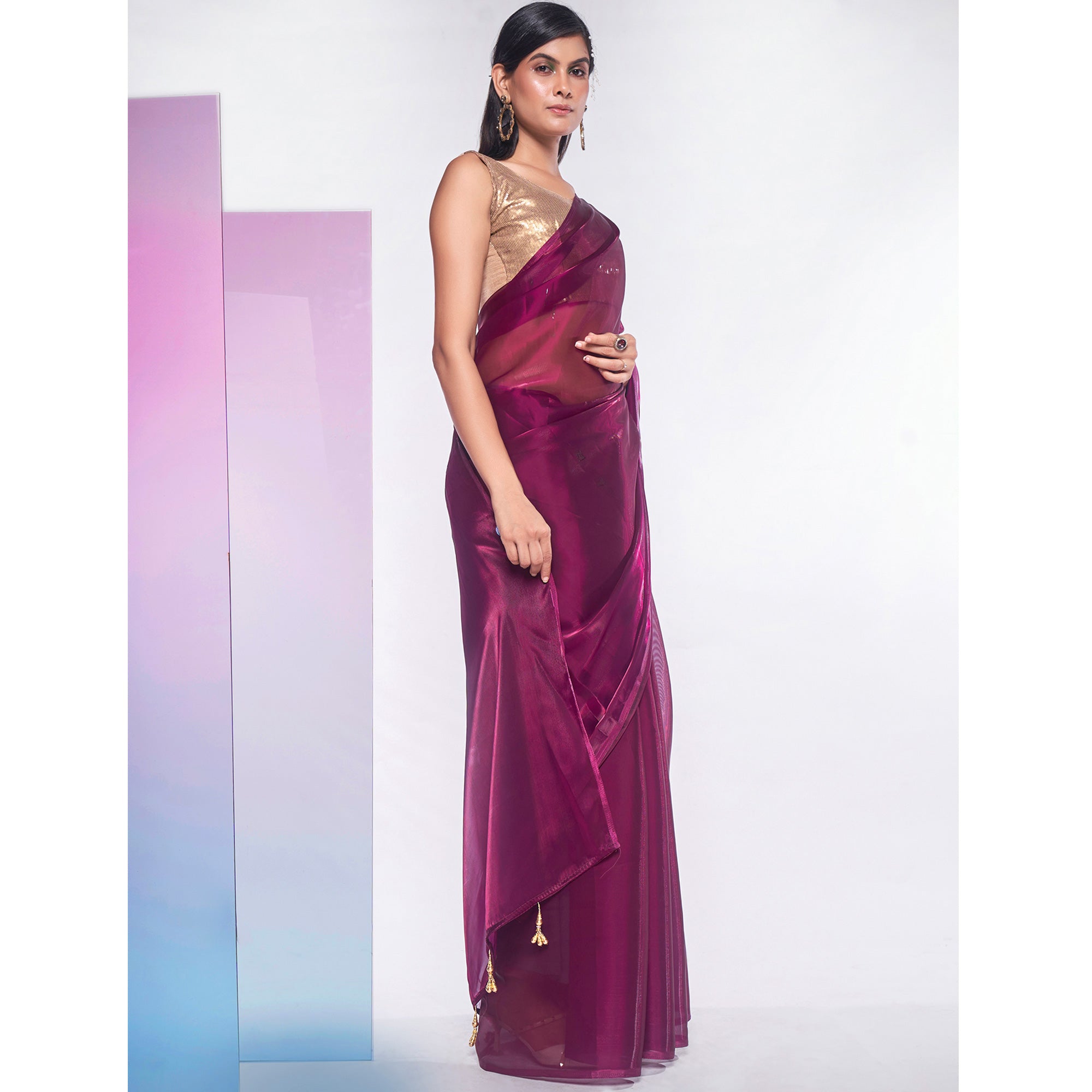 Wine Solid Organza Saree With Tassels