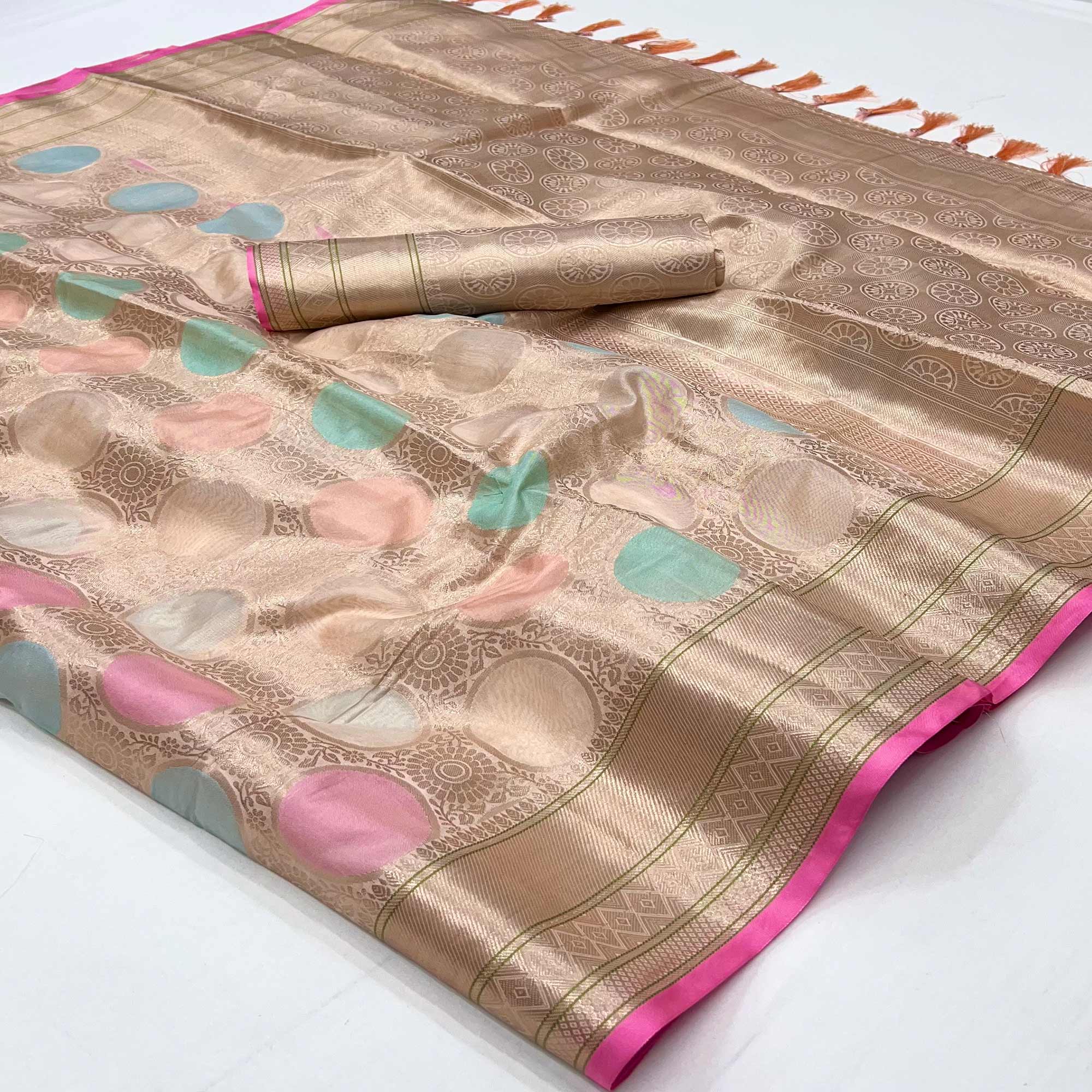 Peach Floral Woven Organza Saree With Tassels