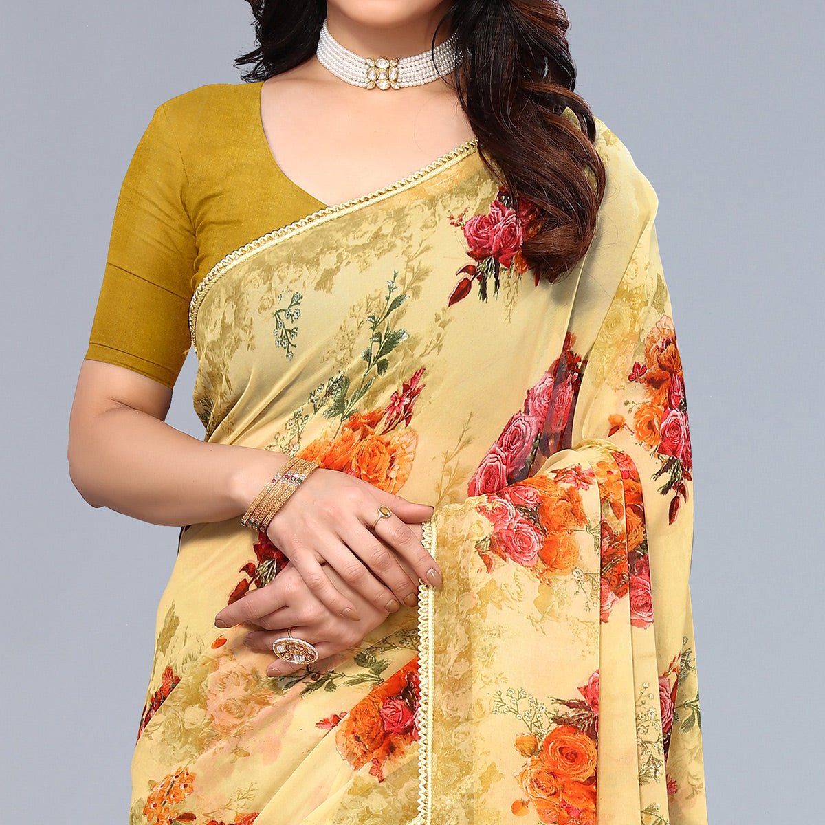 Yellow Floral Printed Georgette Saree