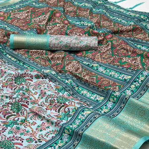 Blue Floral Digital Printed Pure Cotton Saree