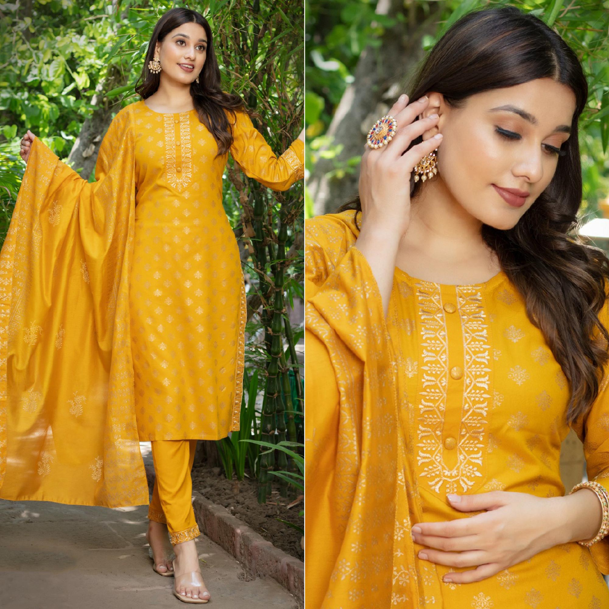 Yellow Printed Rayon Salwar Suit
