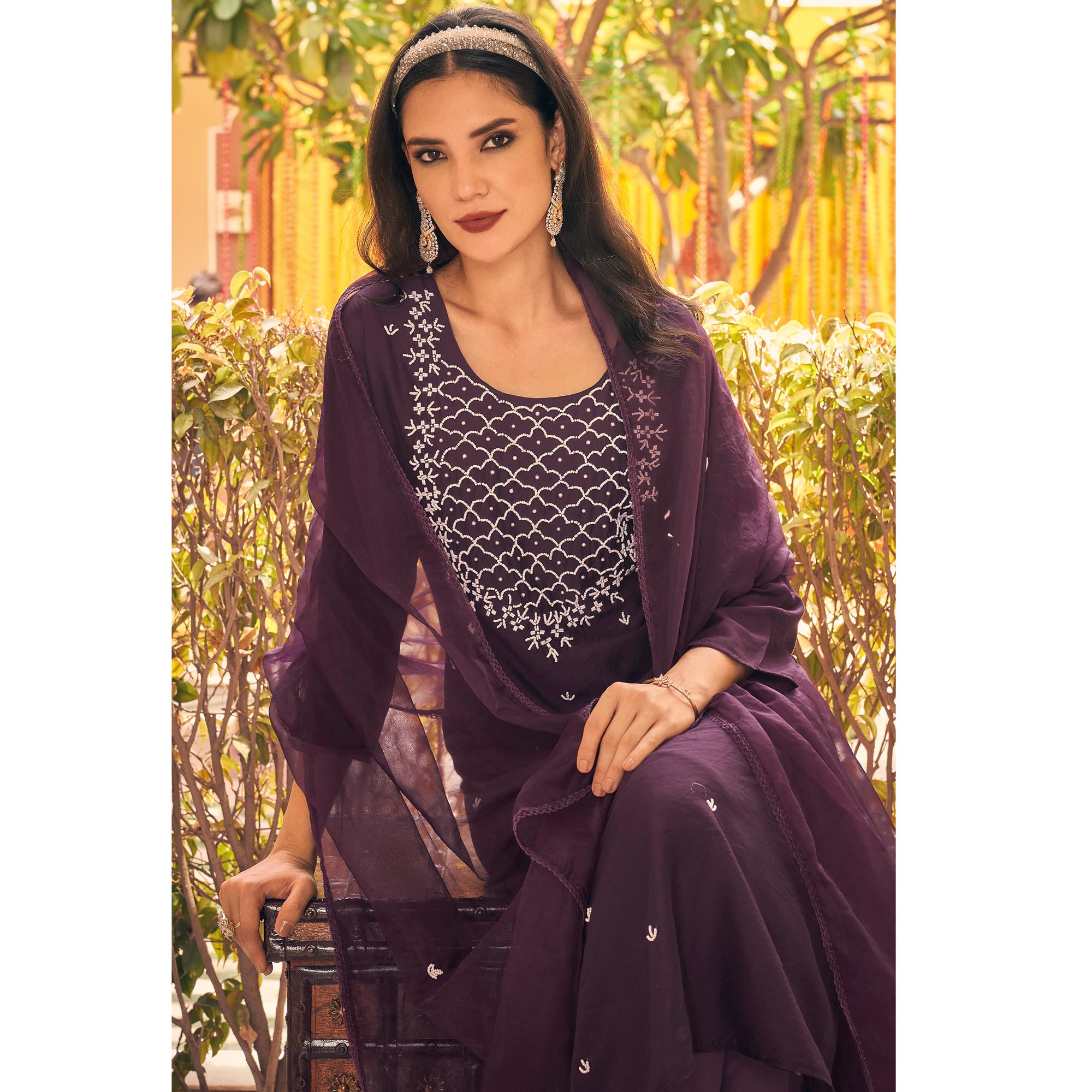 Wine Embellished Viscose Salwar Suit