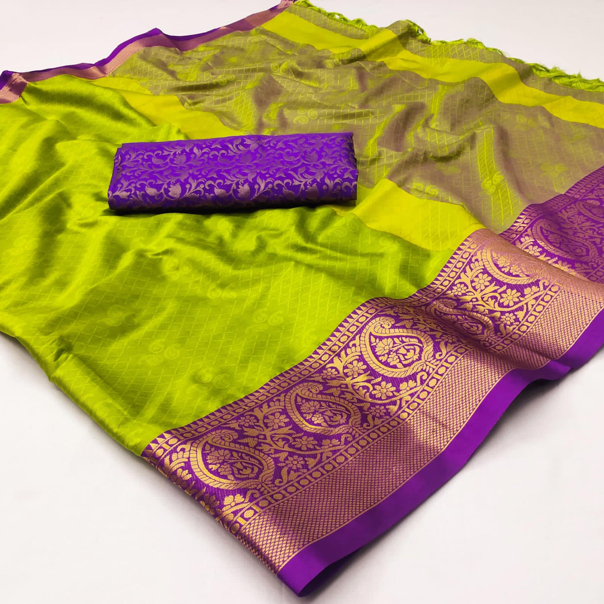 Lemon Green-Violet Woven Cotton Silk Saree With Tassels