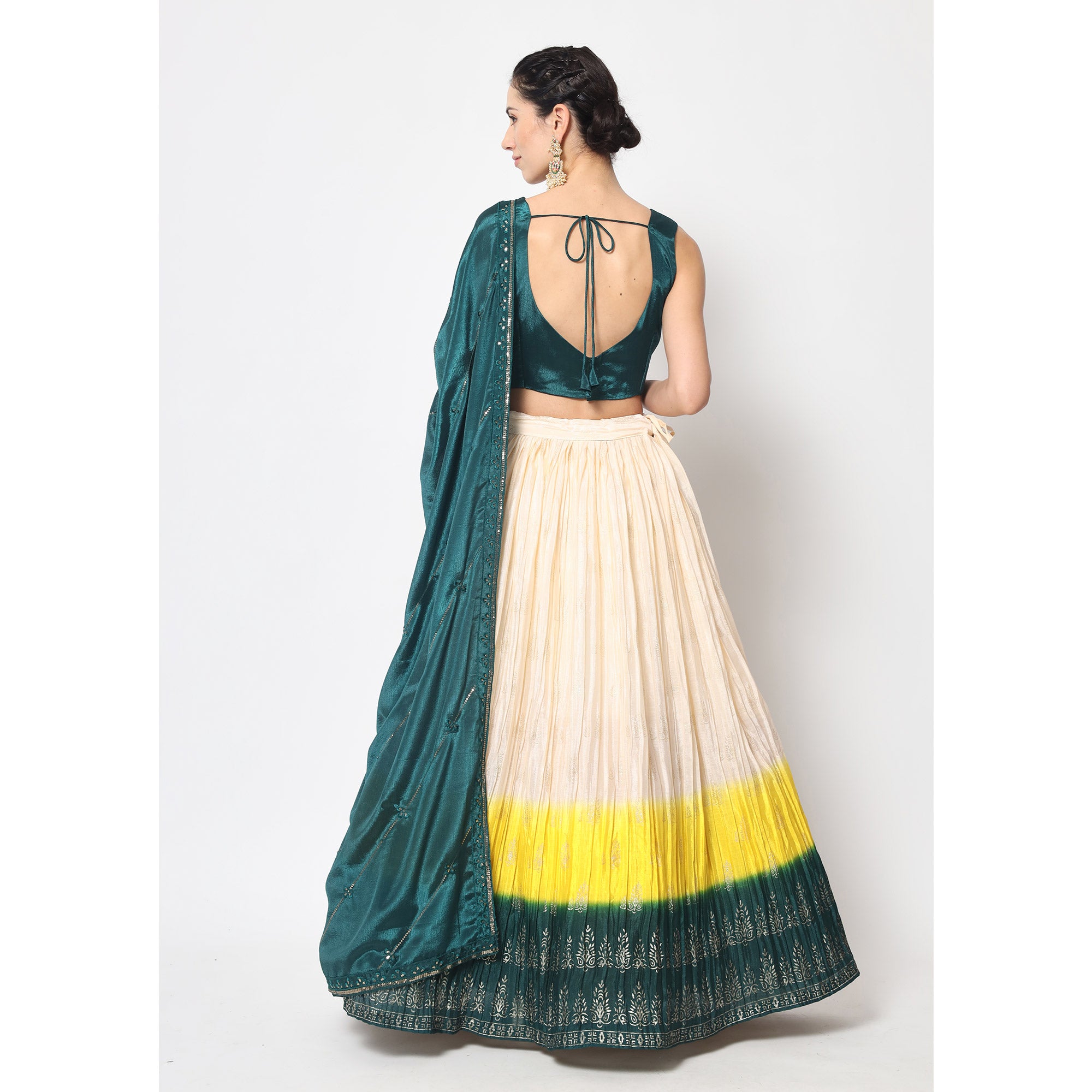 Cream Foil Printed Chiffon Lehenga Choli