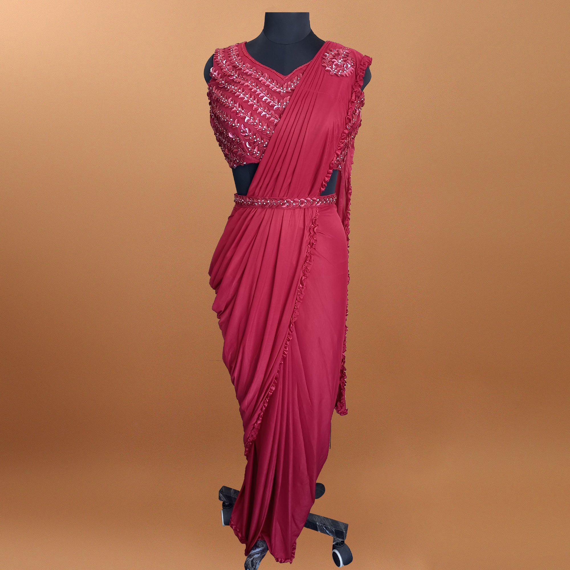 Pink Floral With Solid Ready to Wear Lycra Saree