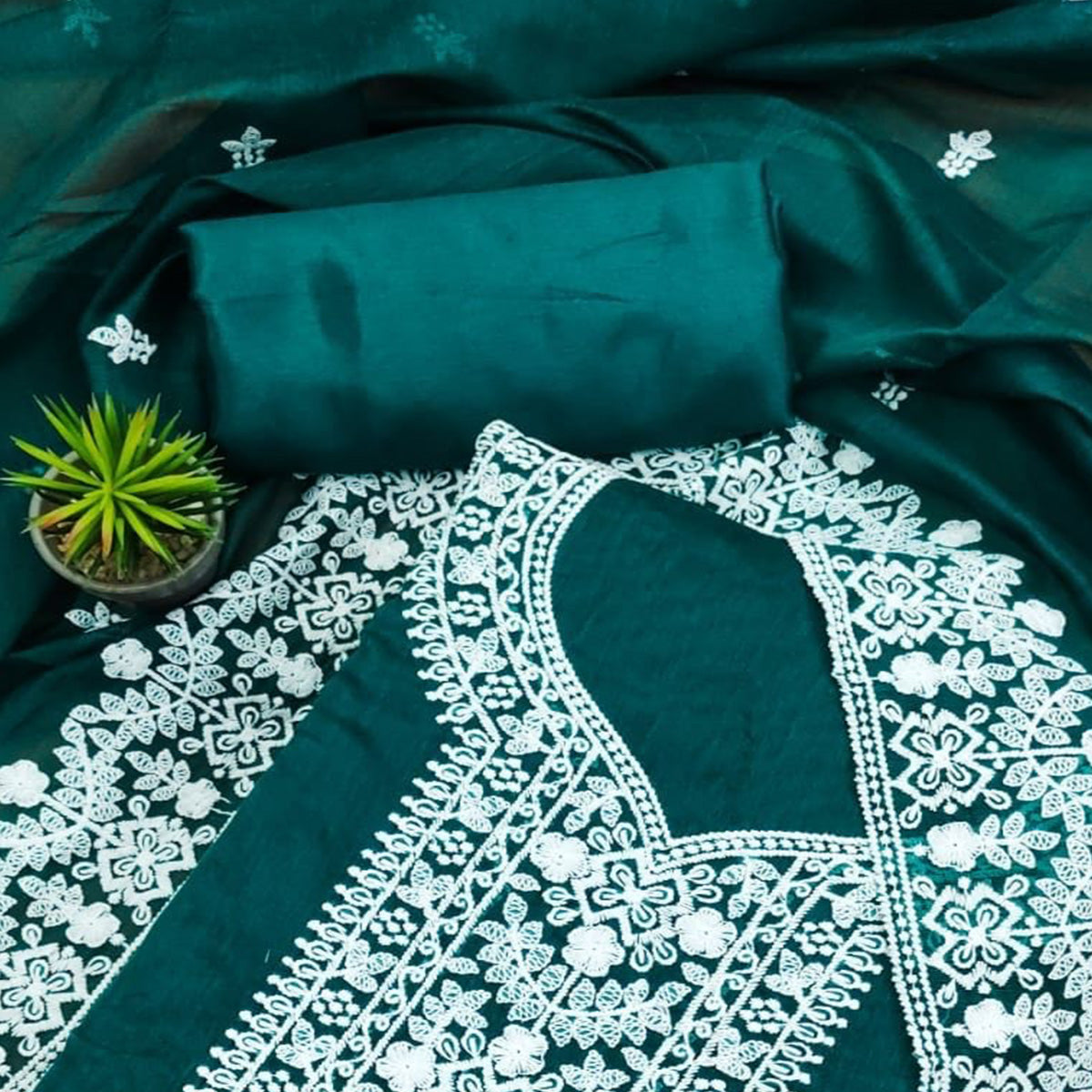 Rama Green Lucknowi Embroidered Modal Dress Material