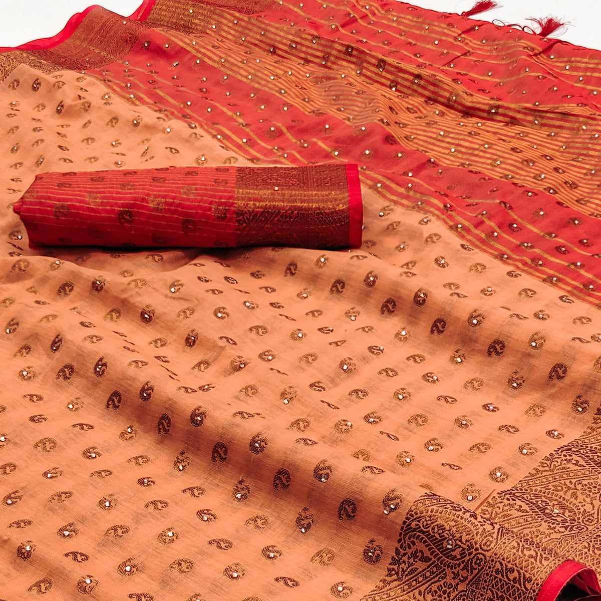 Peach Floral Woven Cotton Silk Saree