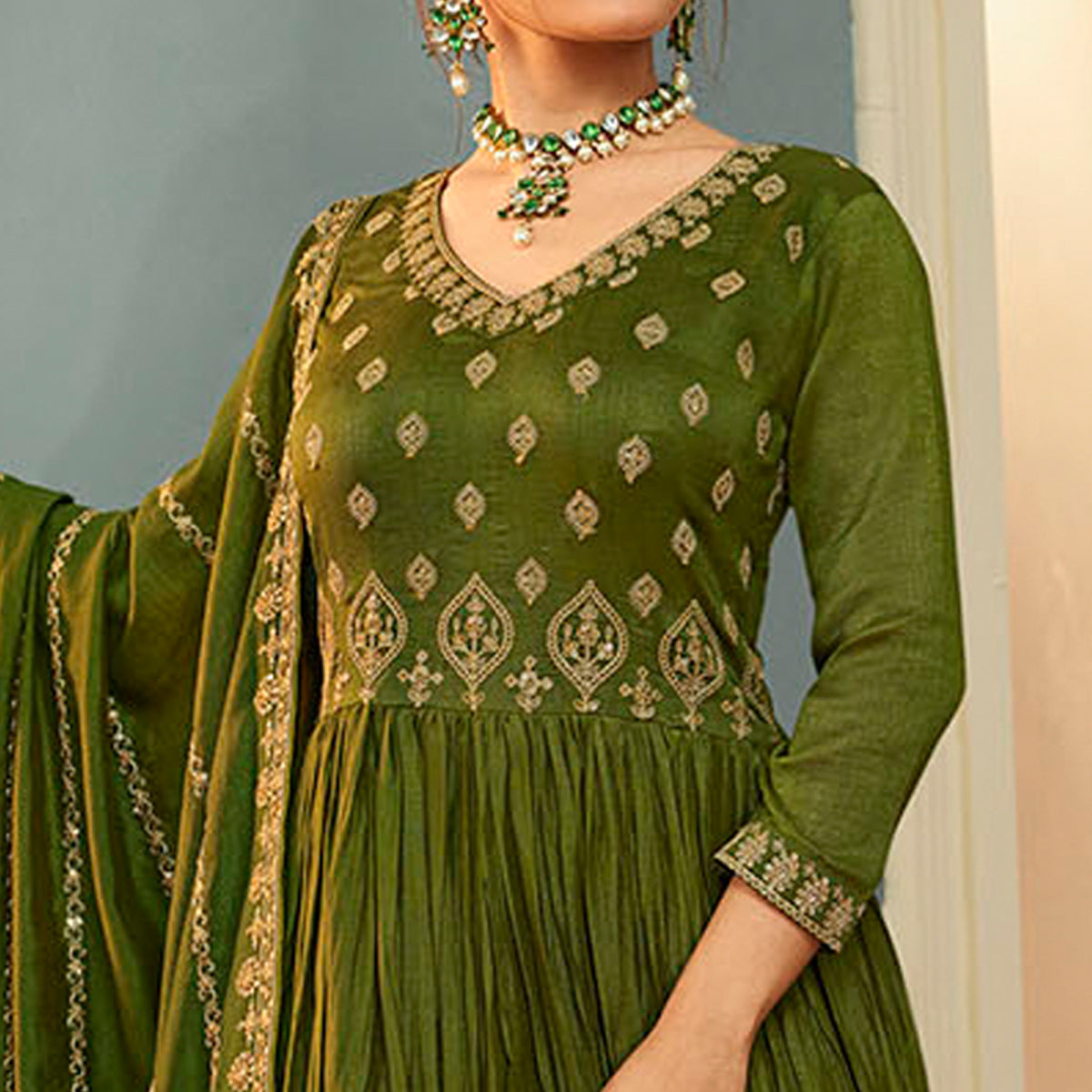 Olive Green Embroidered Georgette Gown