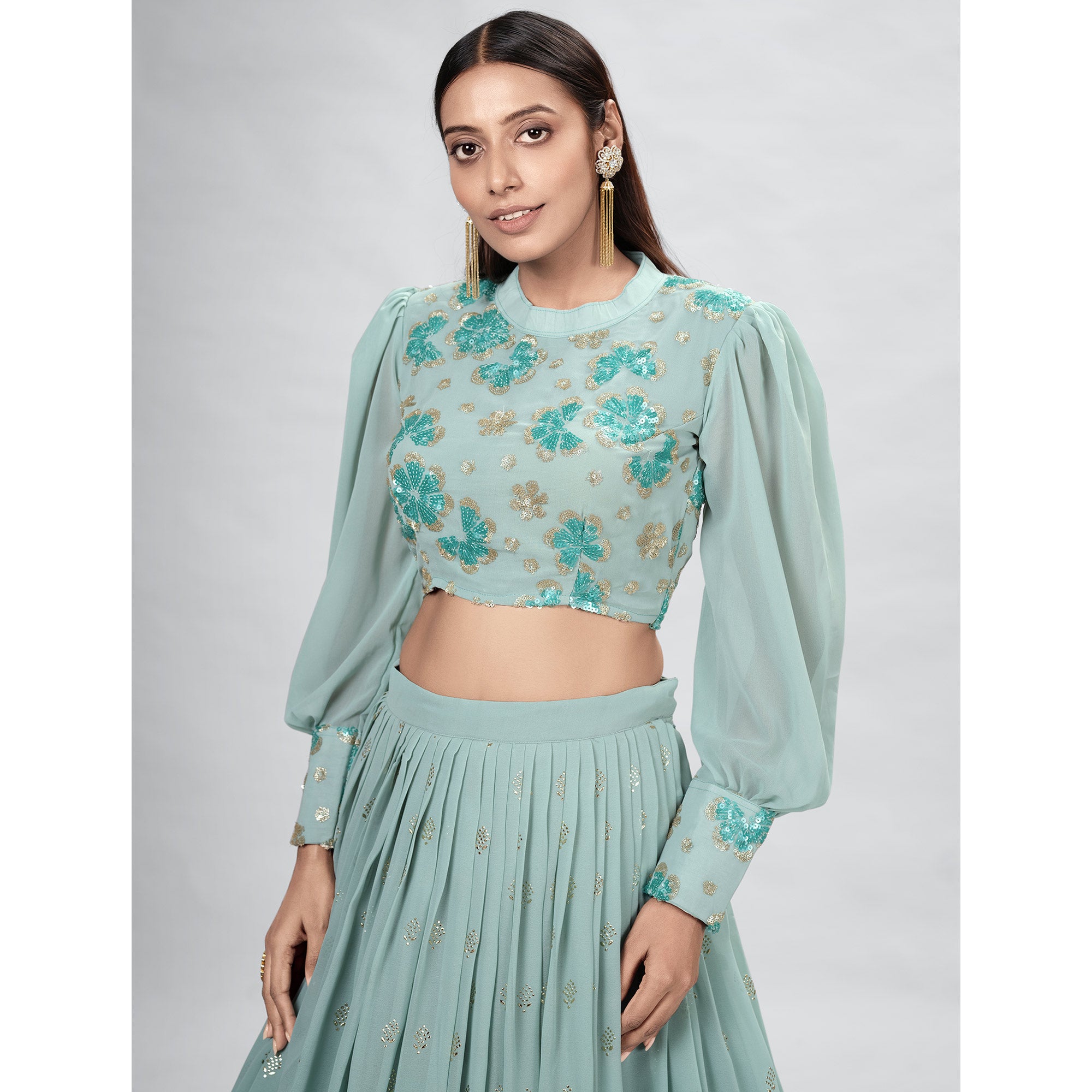 Aqua Green Embellished With Embroidered Georgette Lehenga Choli