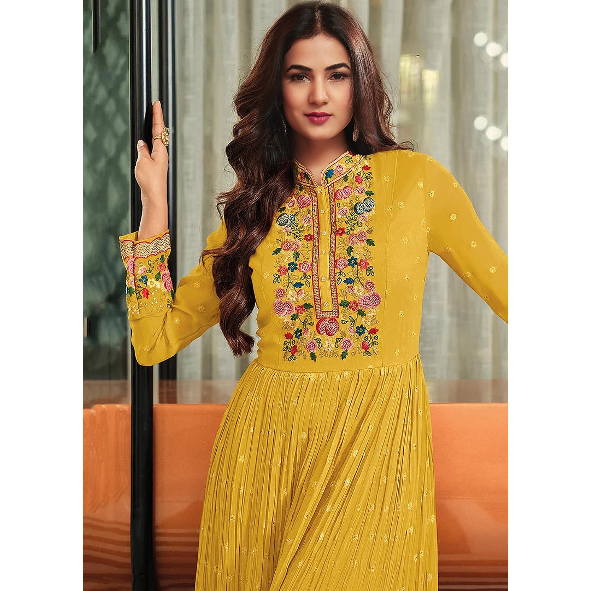 Yellow Embroidered Georgette Gown