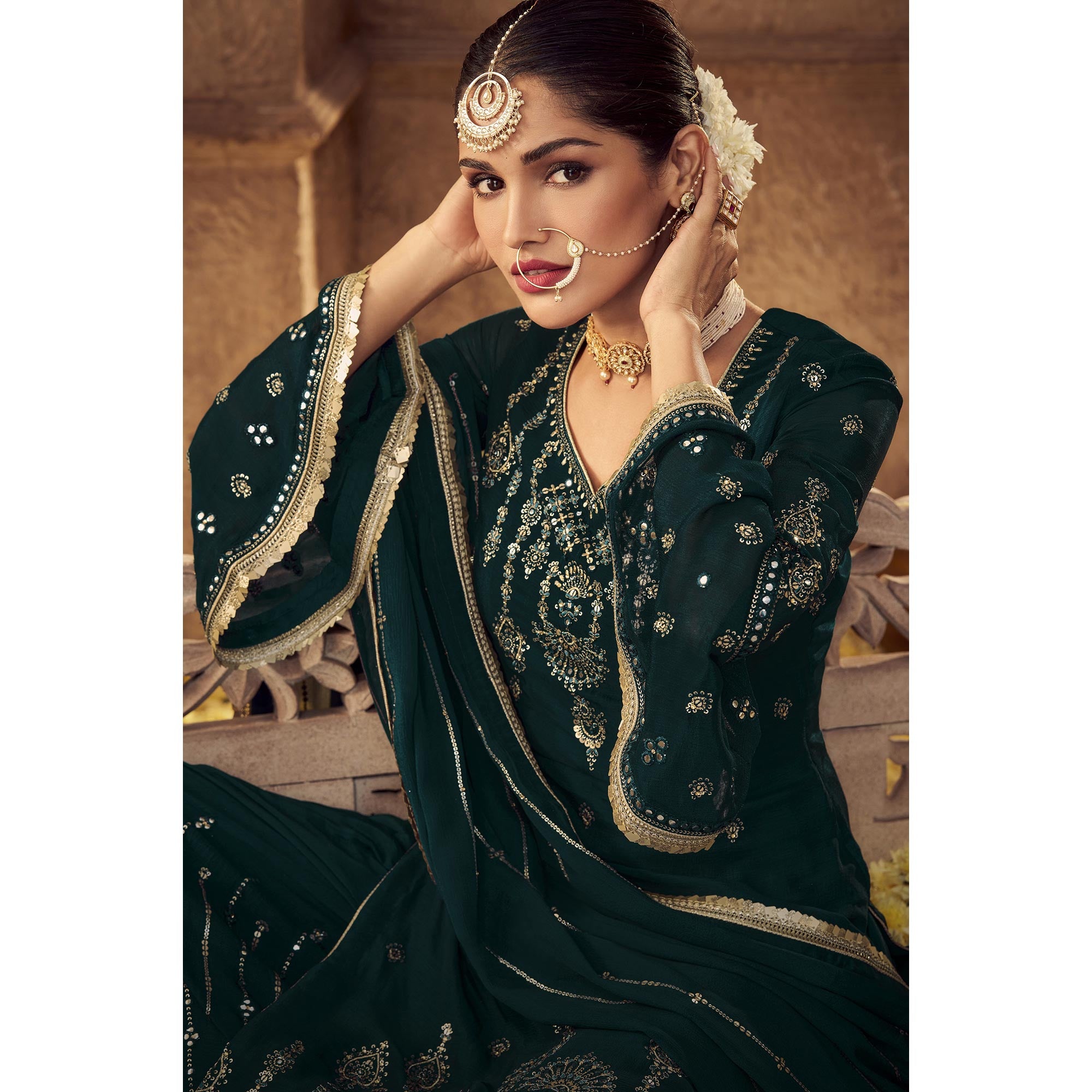 Green Sequins Embroidered Georgette Sharara Suit