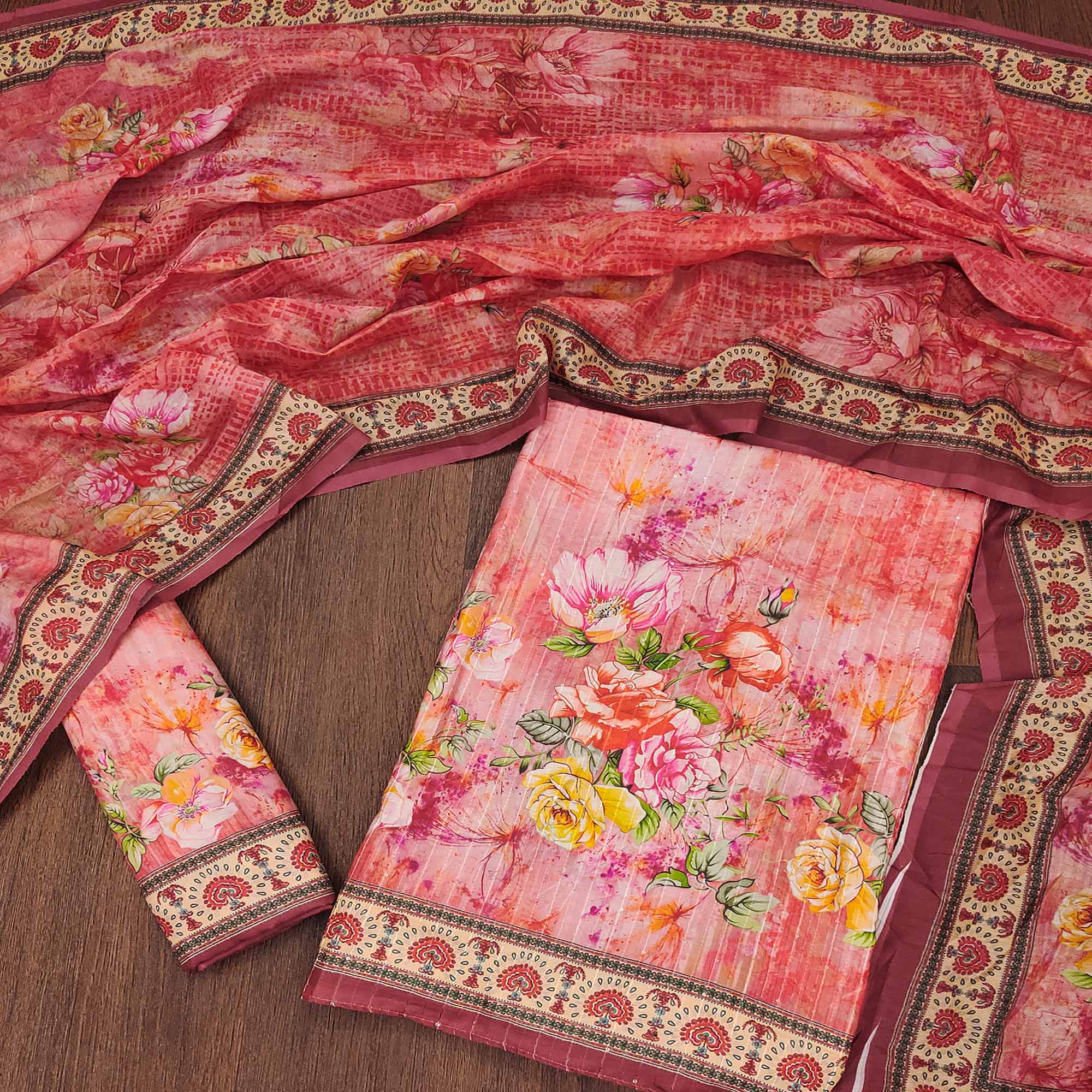 Red Floral Digital Printed Muslin Dress Material