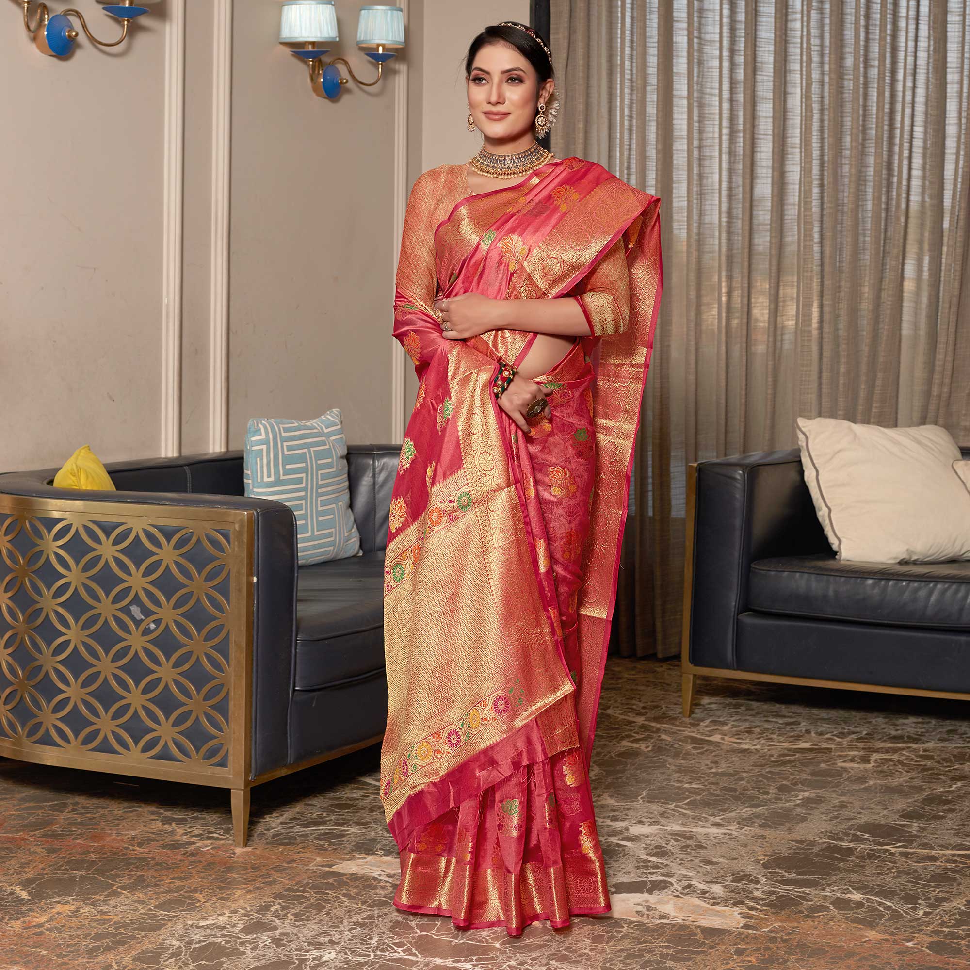 Pink Floral Woven Organza Saree