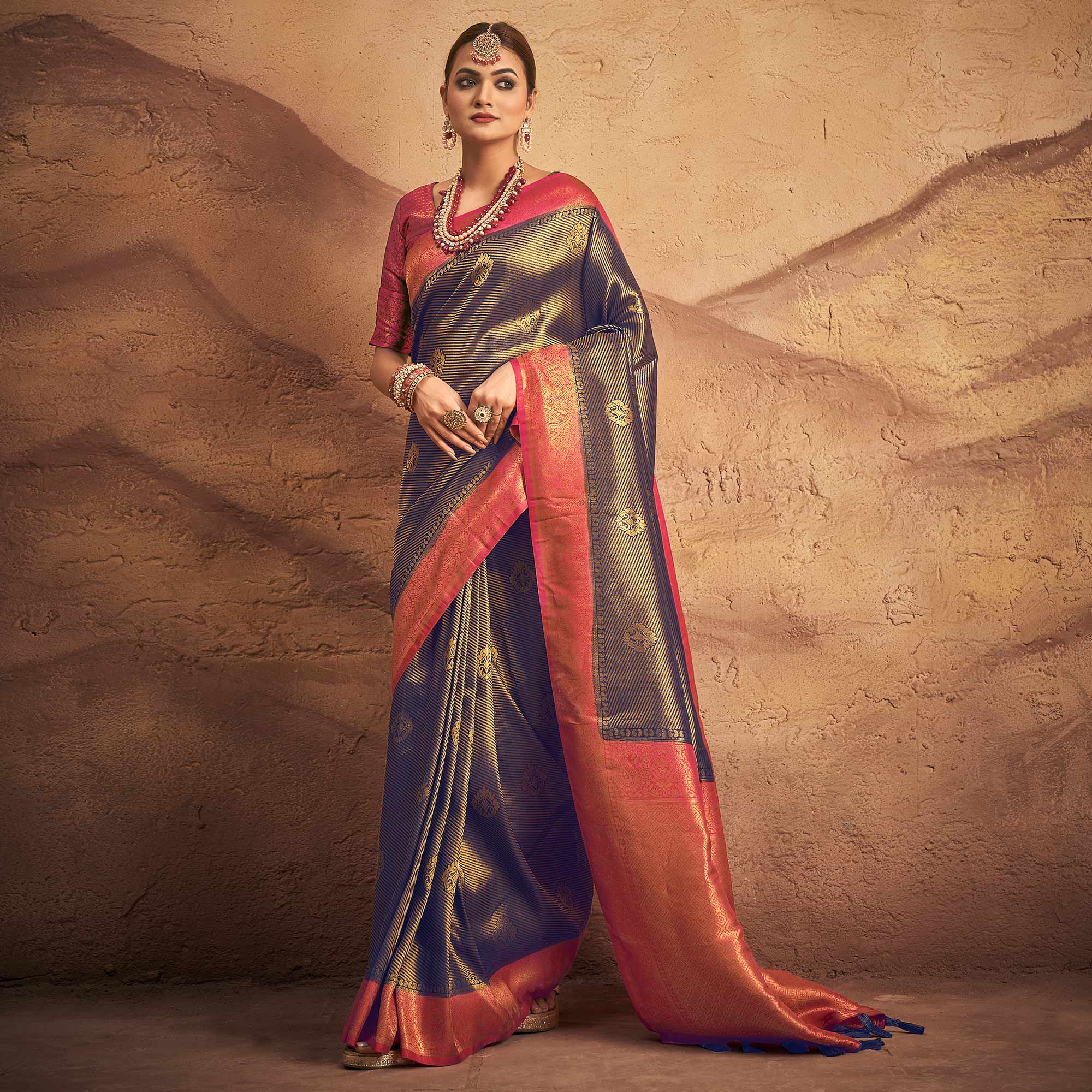 Navy Blue Woven Art Silk Saree With Tassels