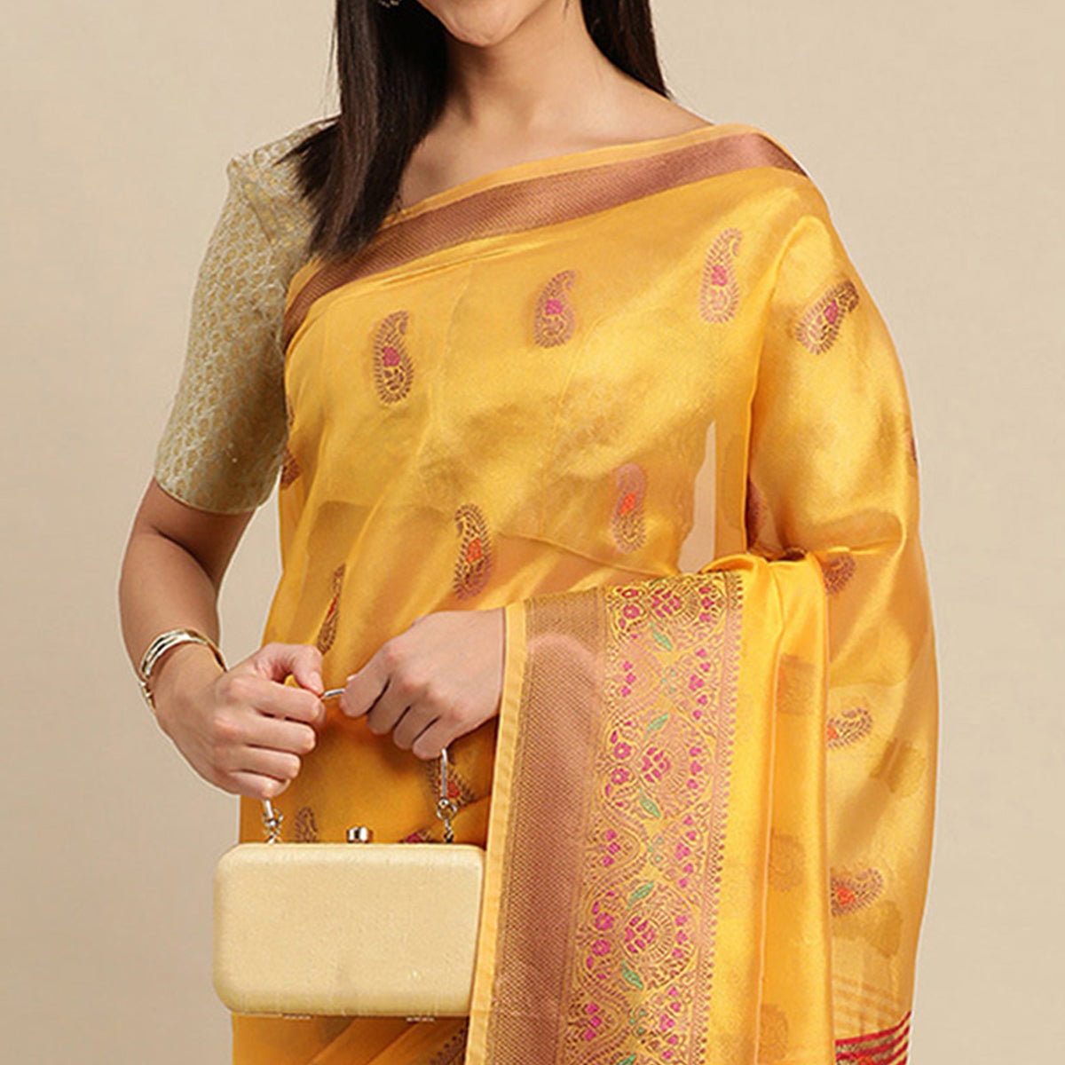 Yellow Woven Organza Saree