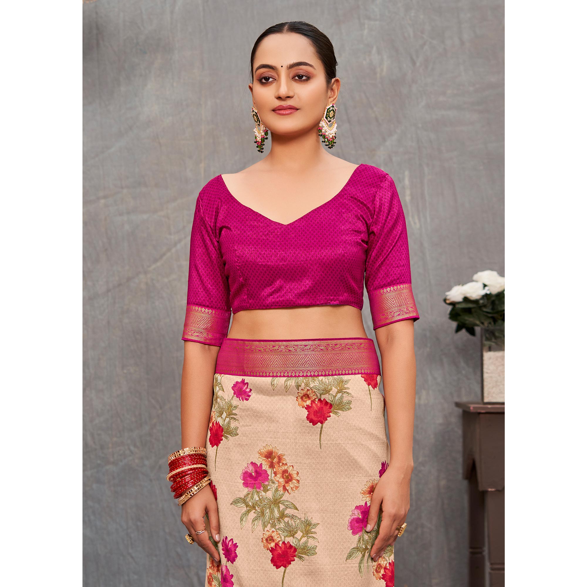 Beige Floral Printed Tussar Silk Saree