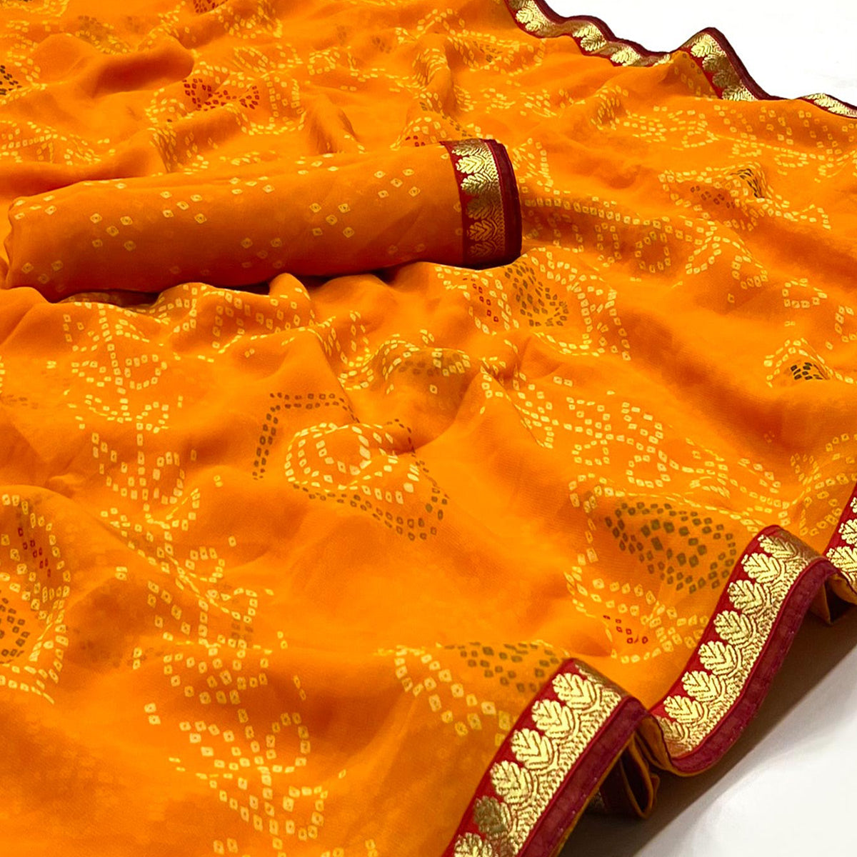 Yellow Bandhani Printed Georgette Saree With Designer Border