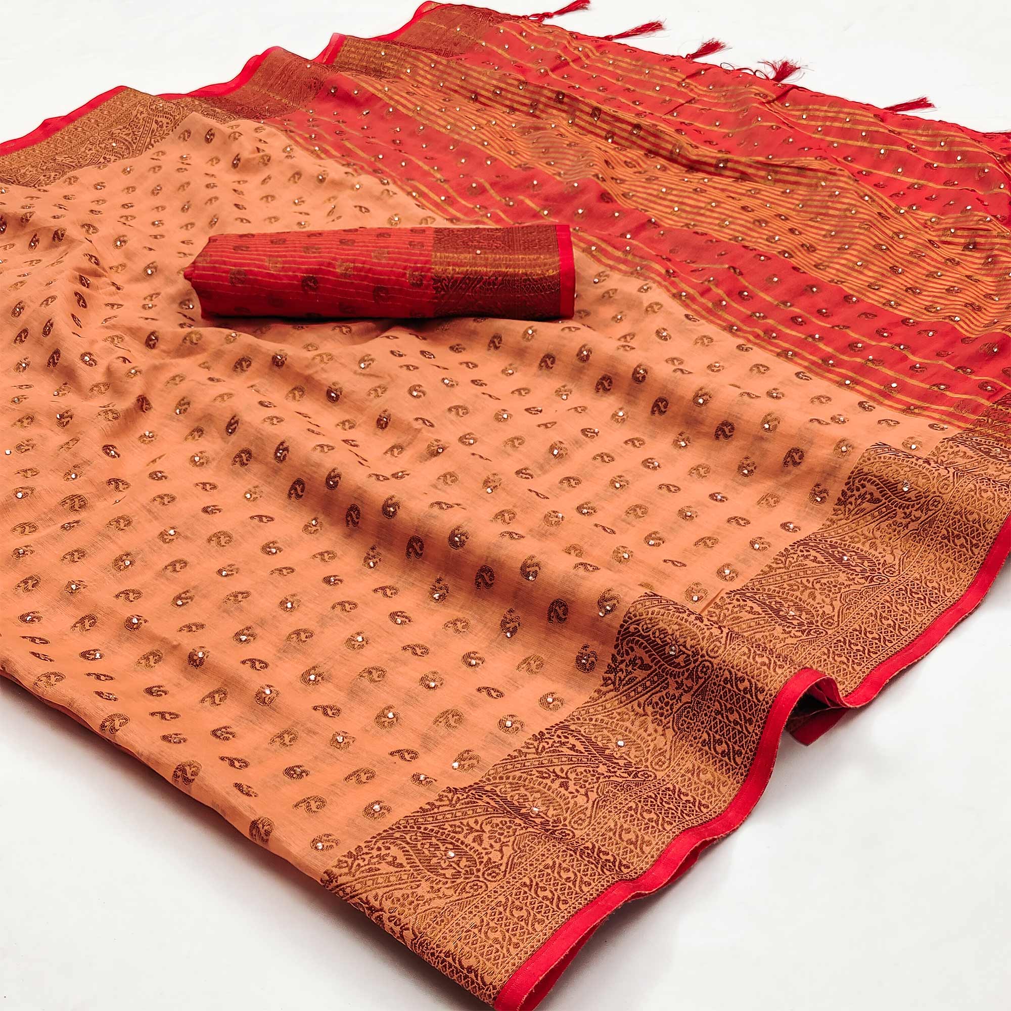 Peach Floral Woven Cotton Silk Saree