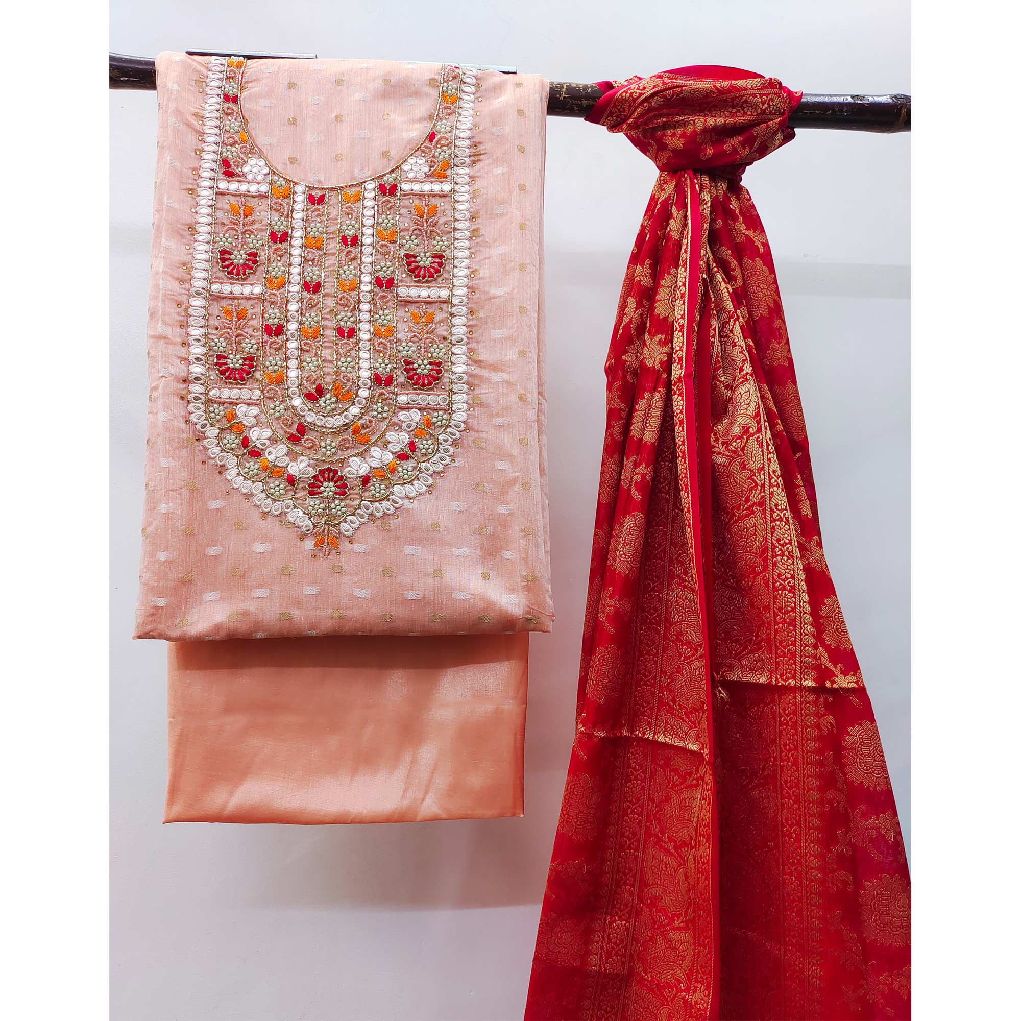 Peach Woven With Handwork Banarasi Silk Dress Material